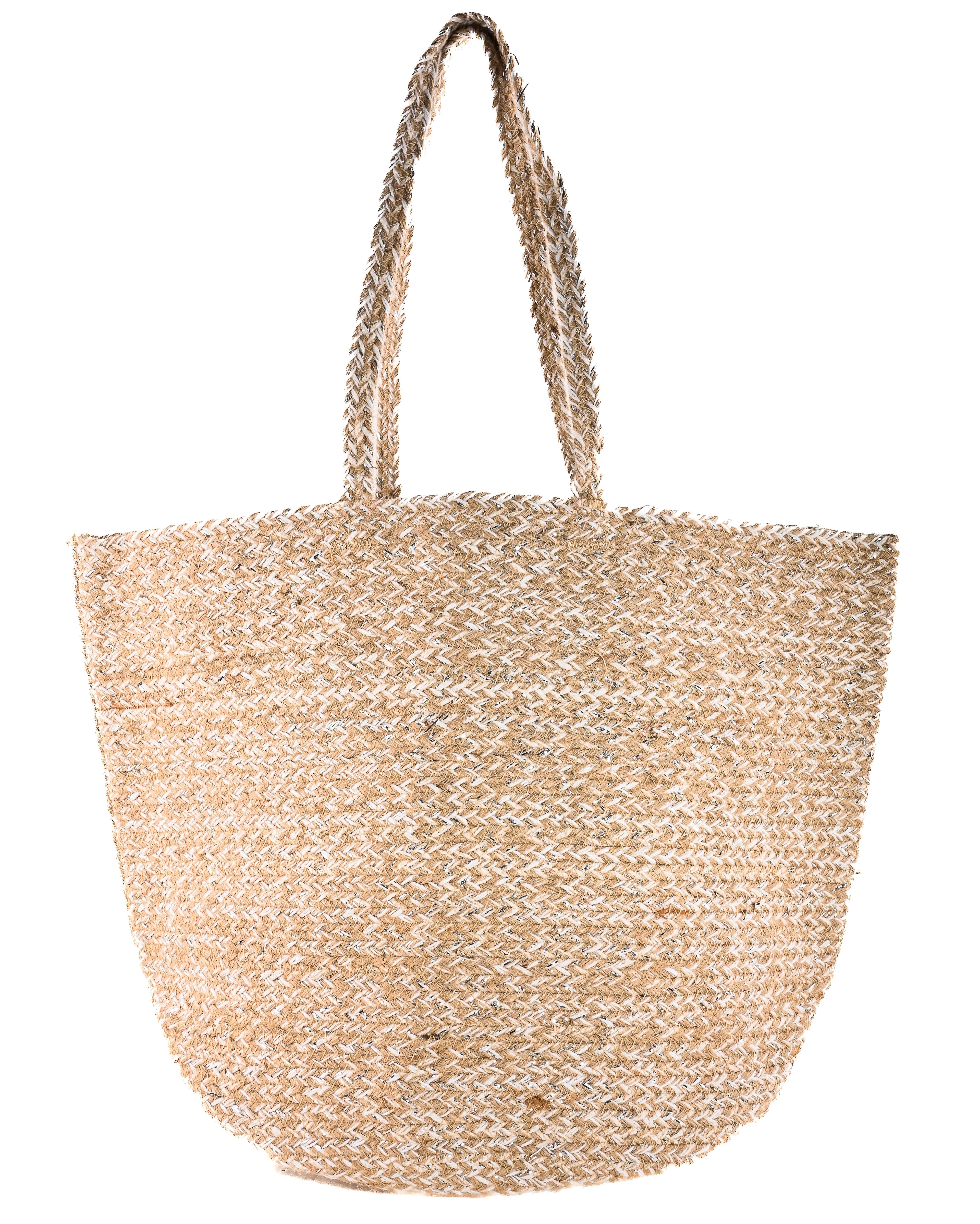 WHITE SILVER AND NATURAL BRAIDED JUTE TOTE BAG