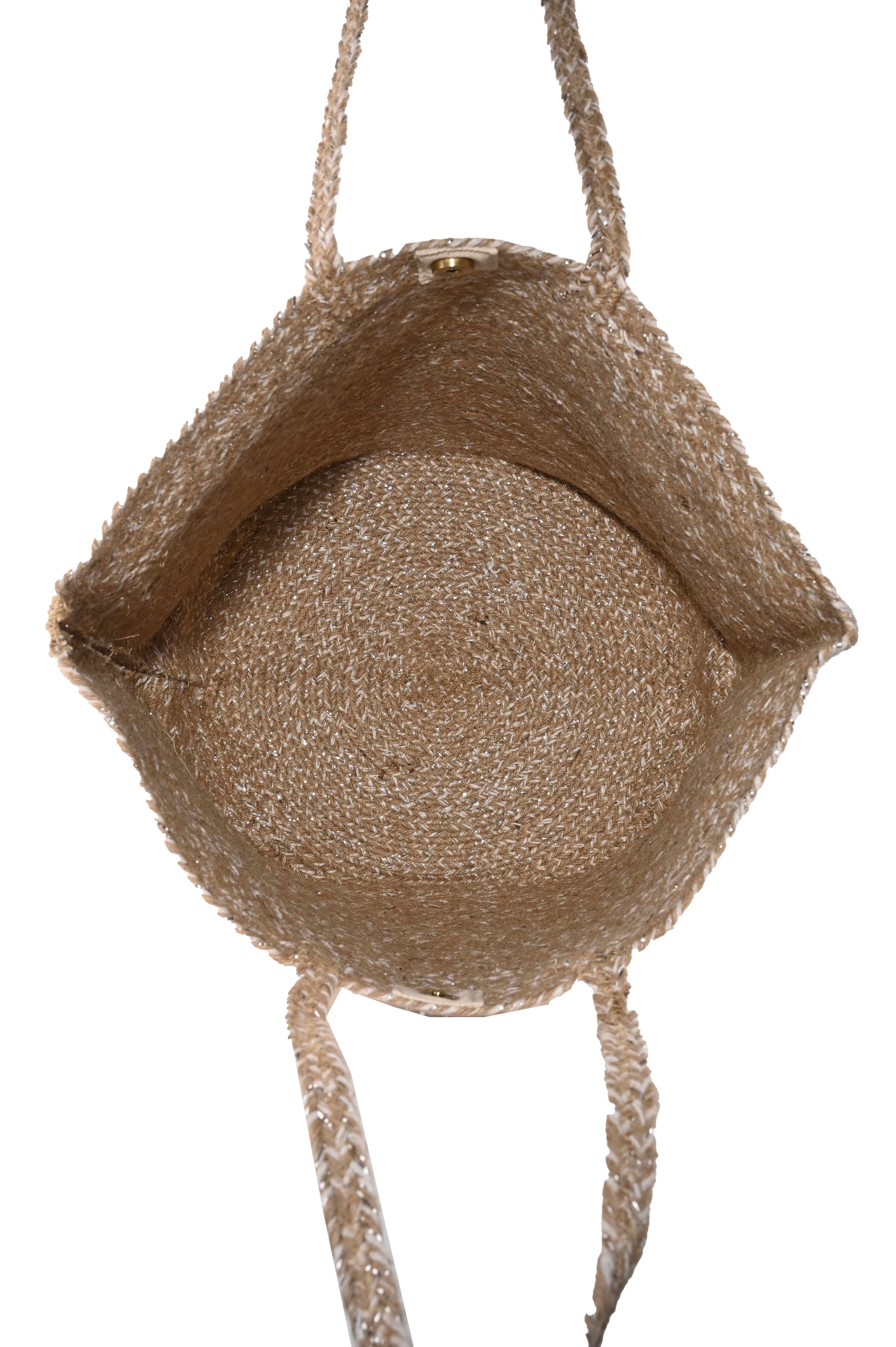 WHITE SILVER AND NATURAL BRAIDED JUTE TOTE BAG
