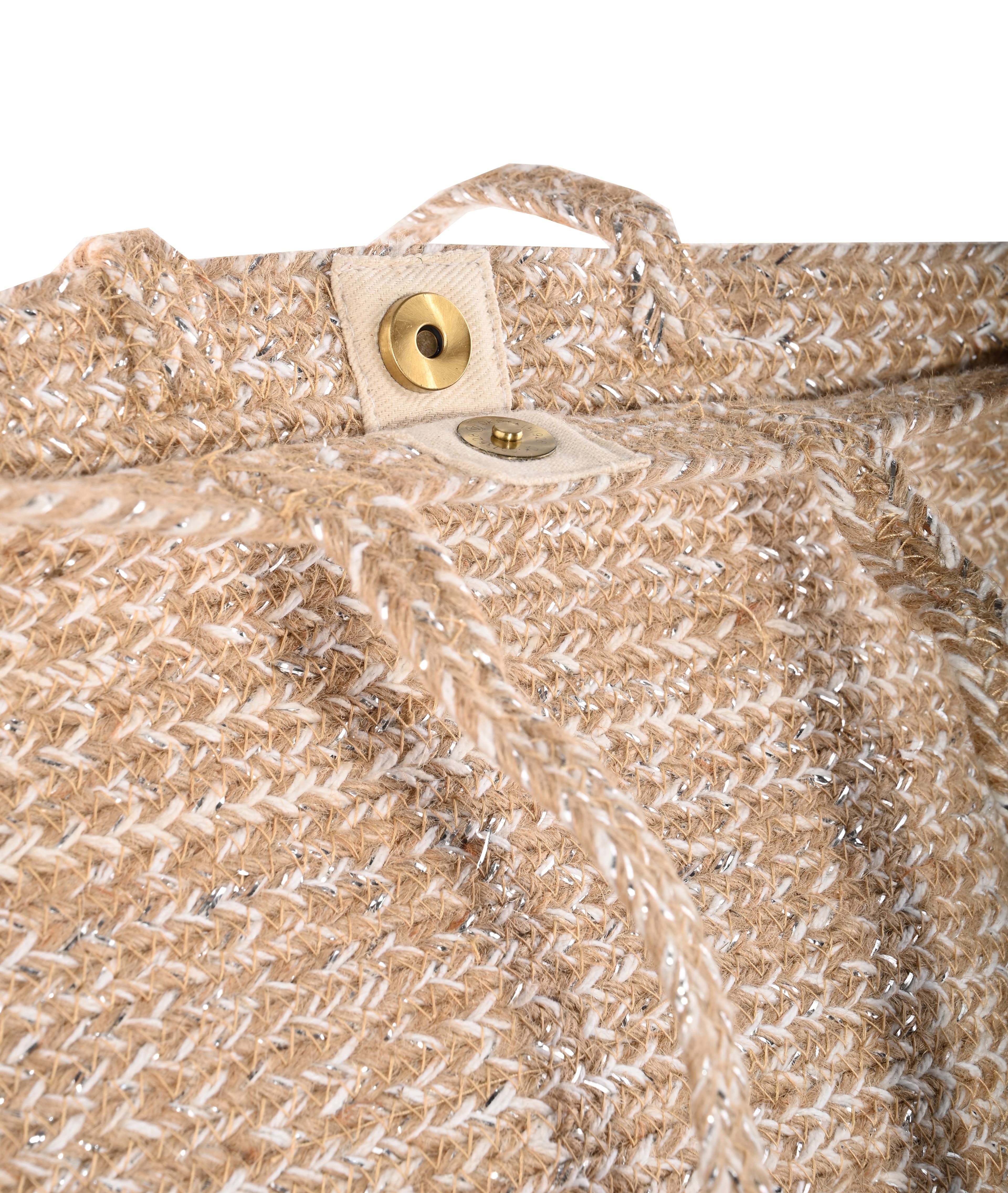 WHITE SILVER AND NATURAL BRAIDED JUTE TOTE BAG