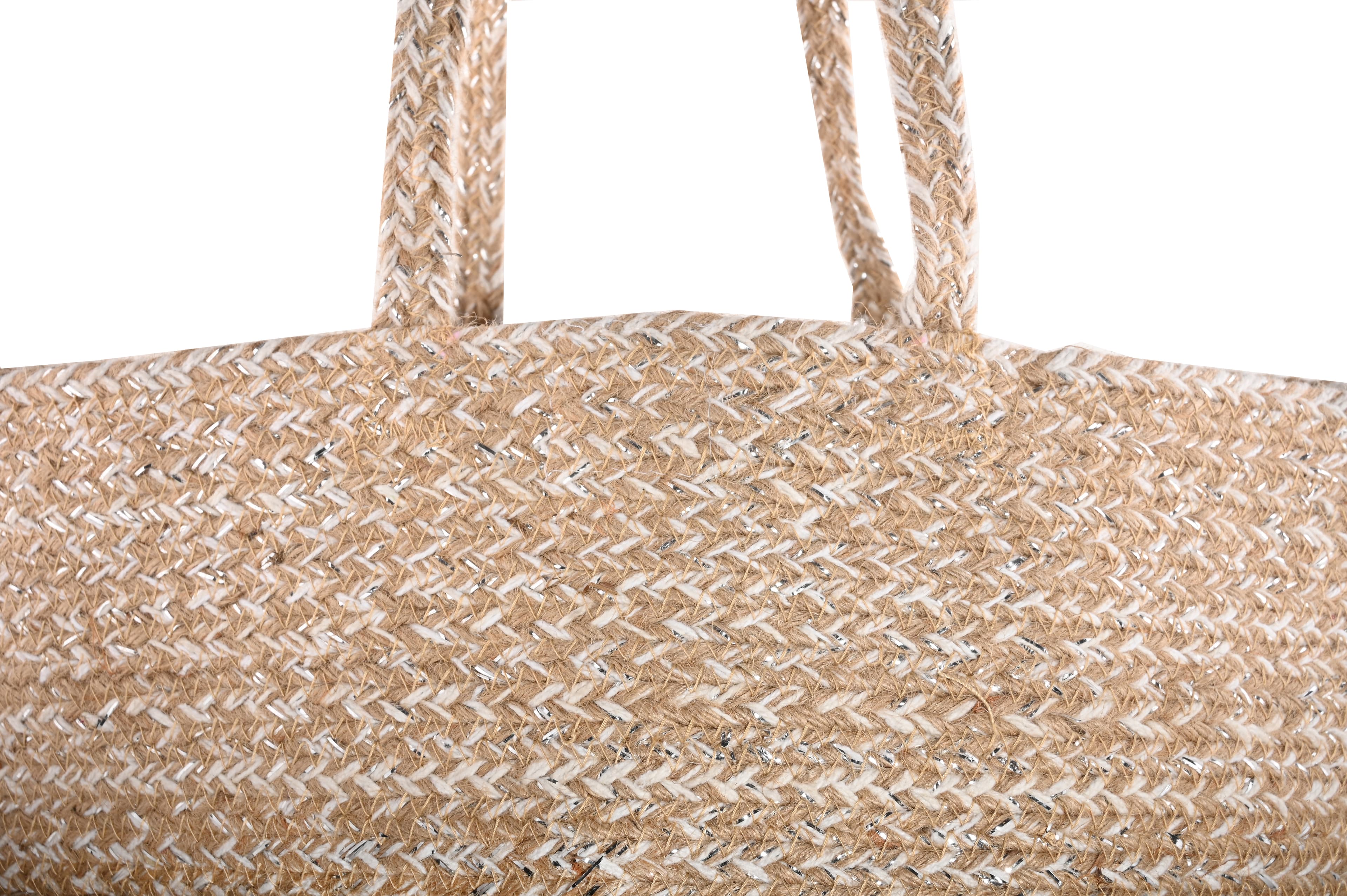 WHITE SILVER AND NATURAL BRAIDED JUTE TOTE BAG