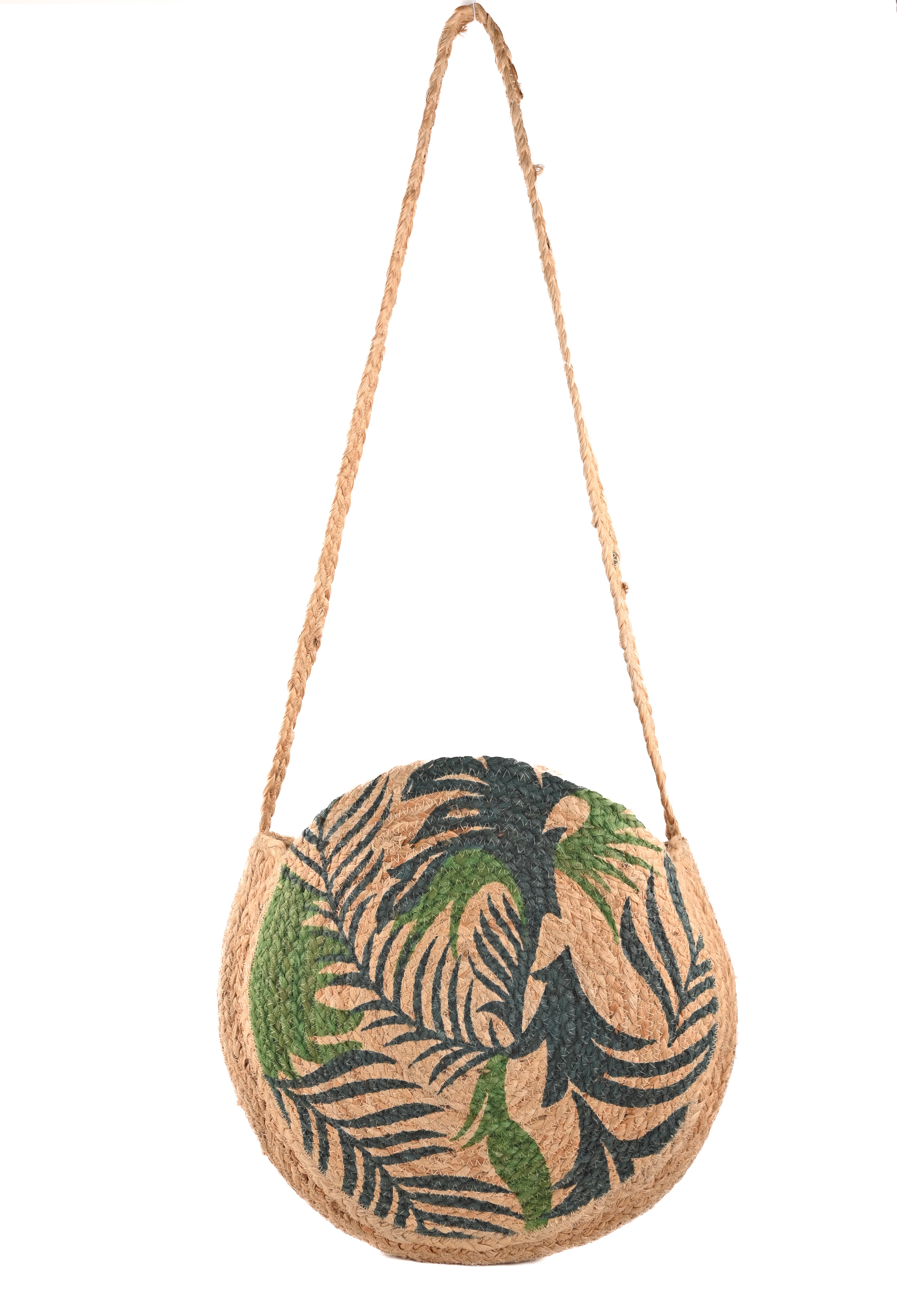 LEAF PRINT ROUND JUTE  CROSSBODY BAG