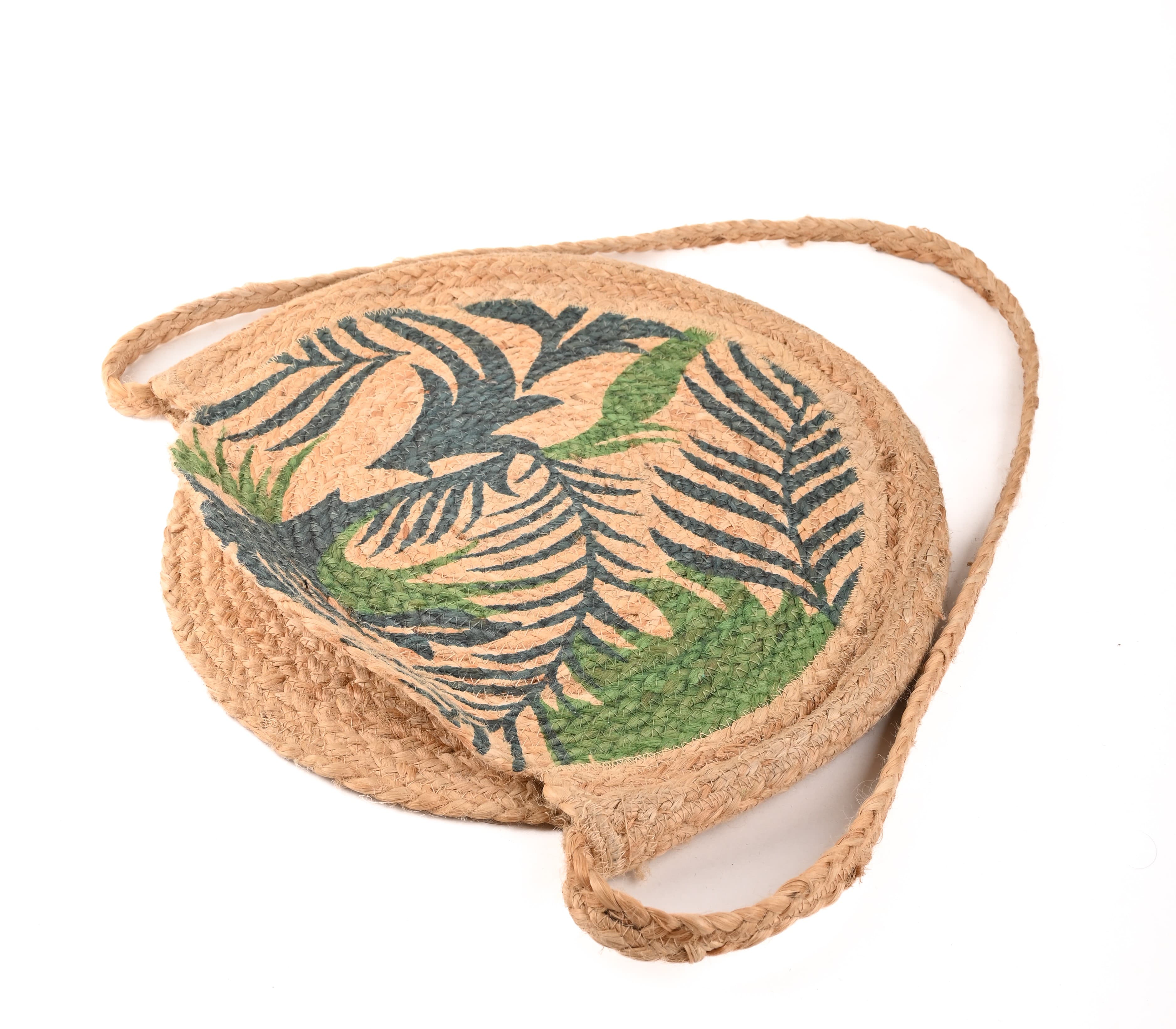 LEAF PRINT ROUND JUTE  CROSSBODY BAG