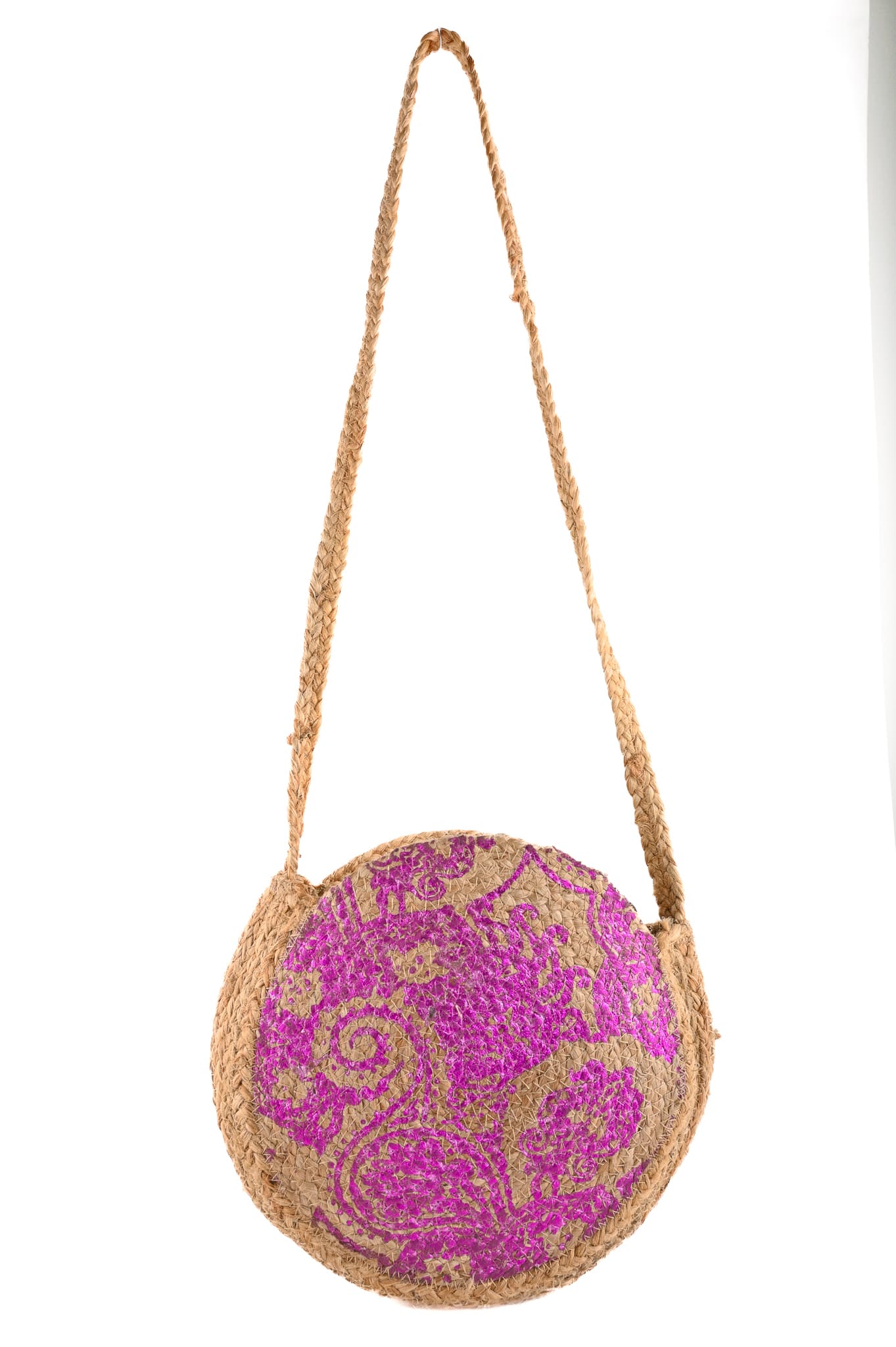 PINK TRADITONAL PRINT JUTE CROSSBODY BAG
