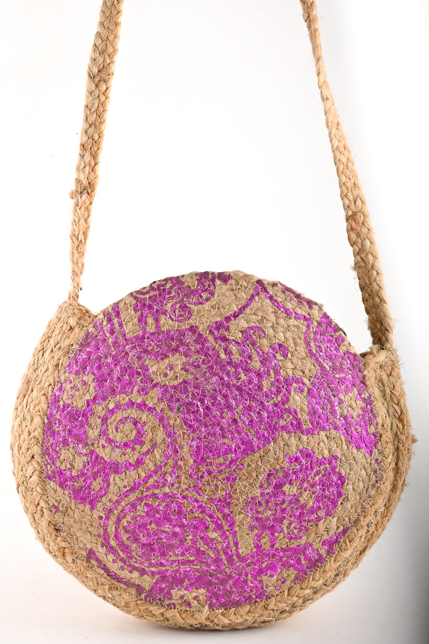 PINK TRADITONAL PRINT JUTE CROSSBODY BAG