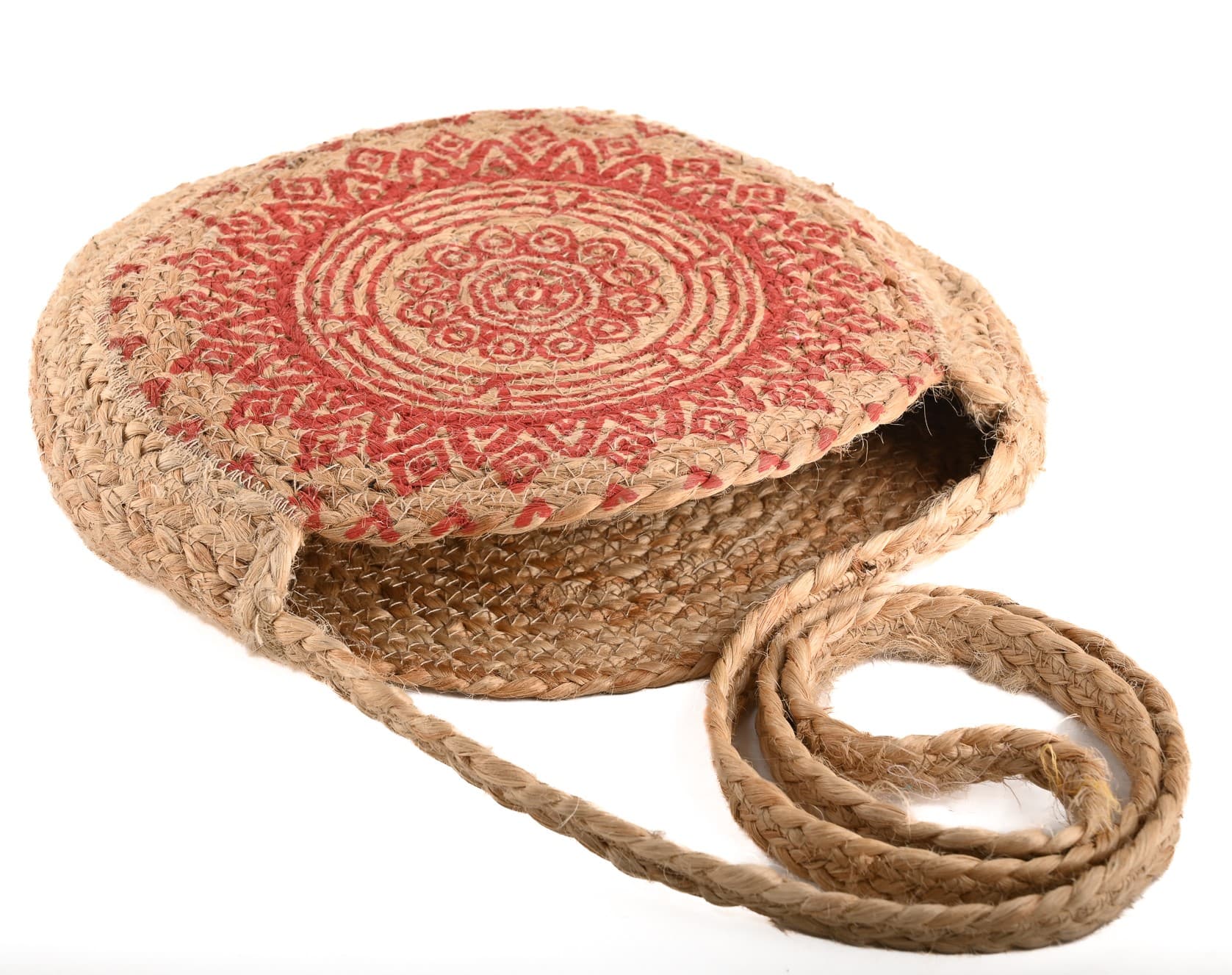 RED TRADITONAL PRINT JUTE CROSSBODY BAG