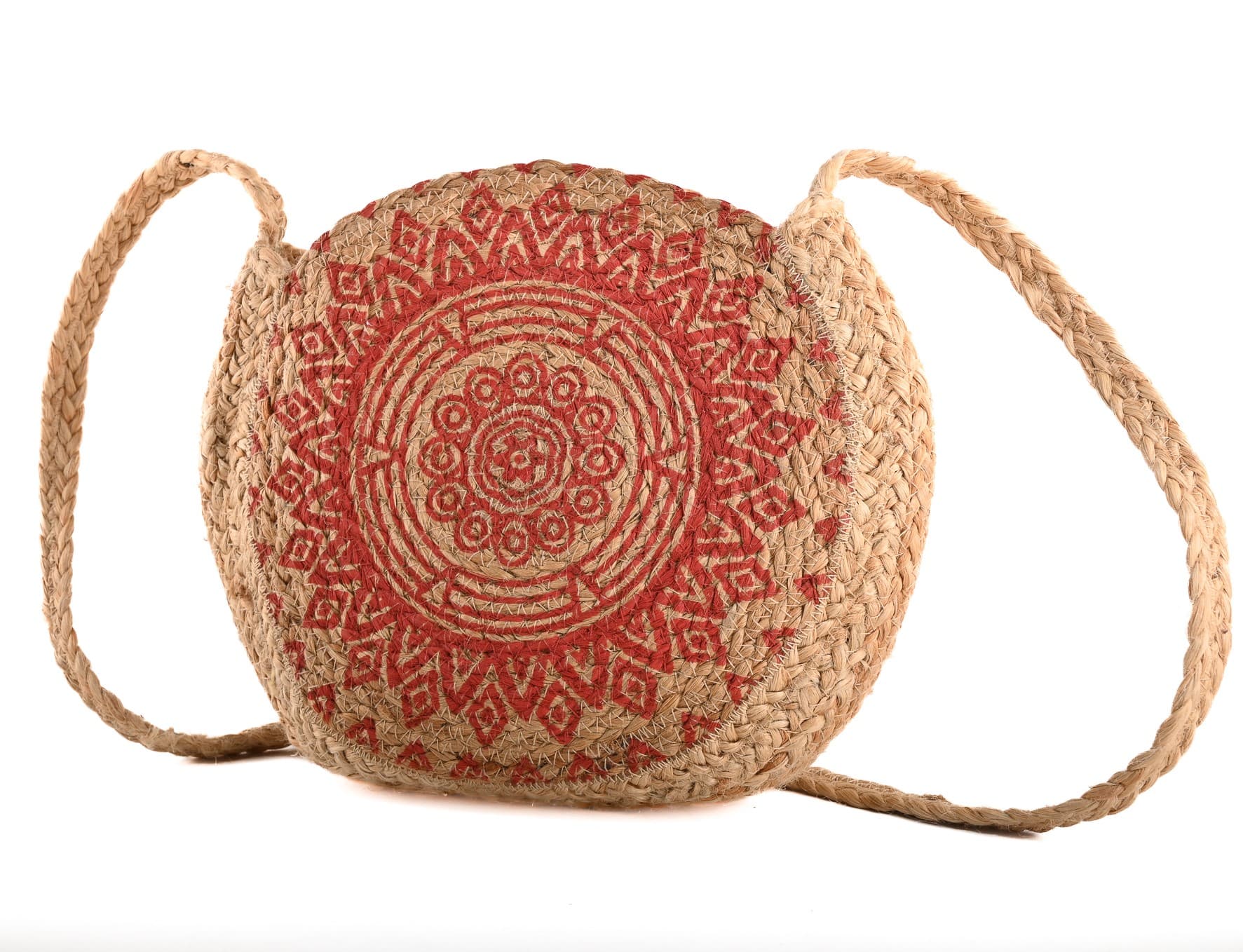 RED TRADITONAL PRINT JUTE CROSSBODY BAG