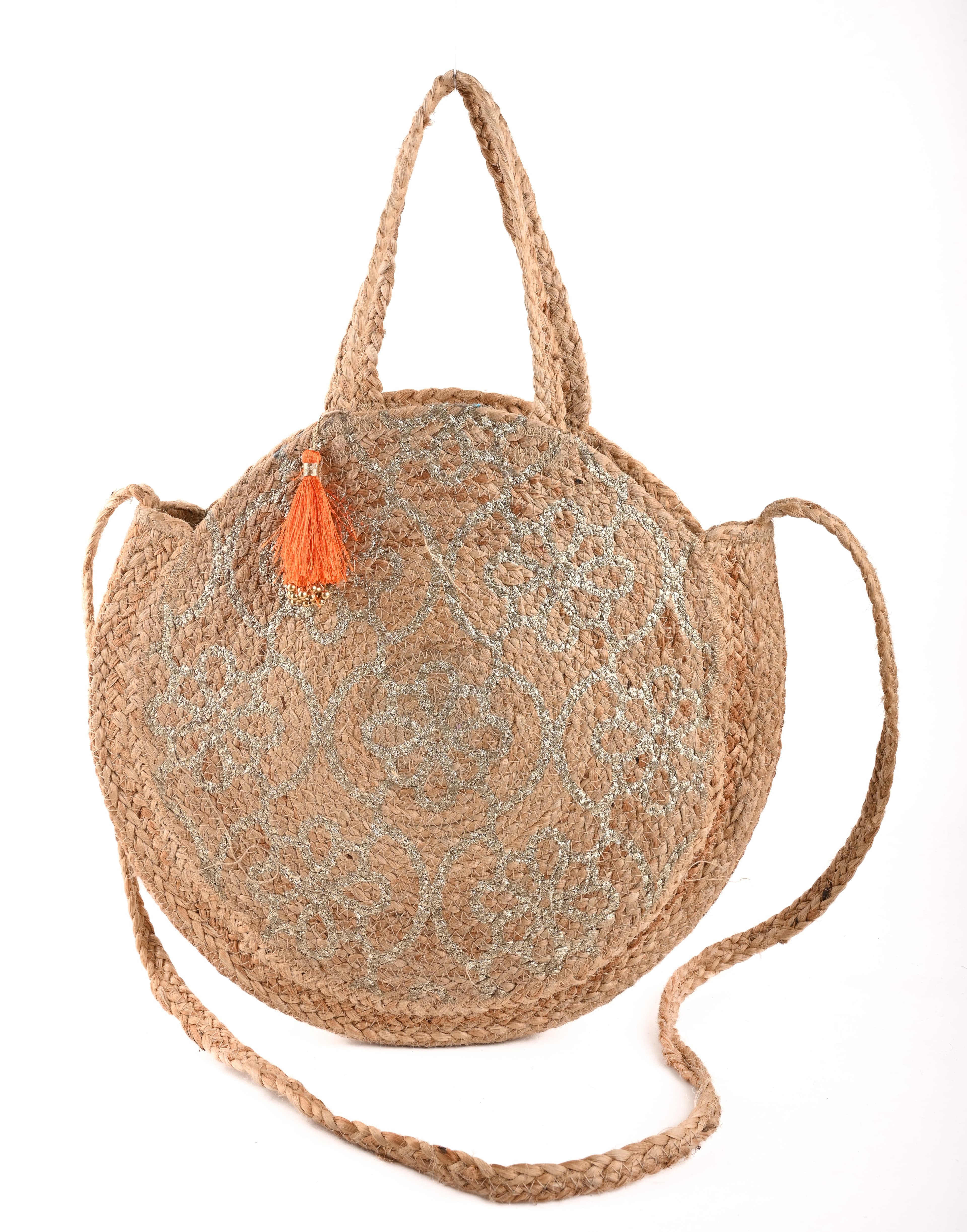 SILVER PRINT JUTE ROUND TOTE BAG