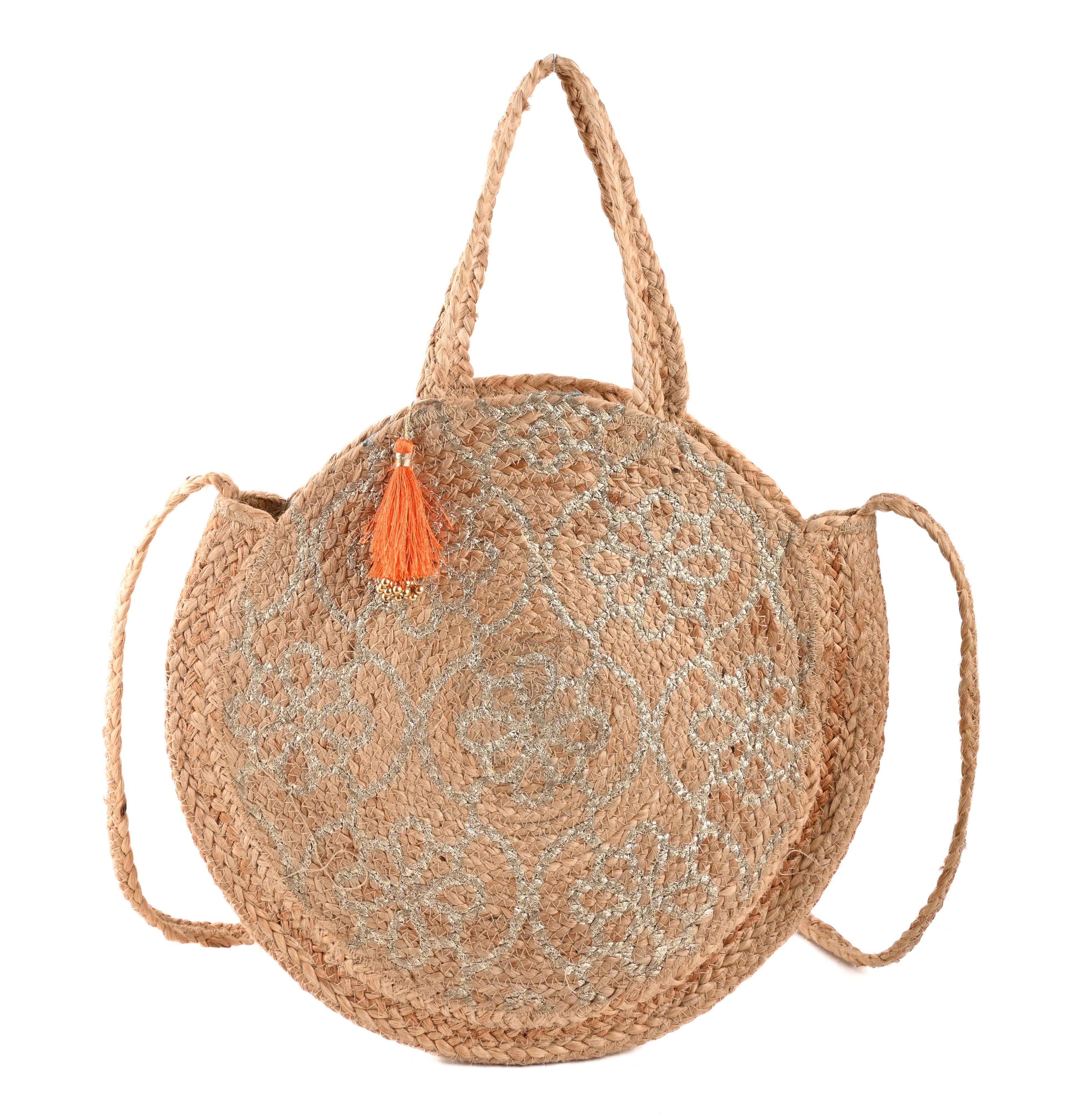 SILVER PRINT JUTE ROUND TOTE BAG