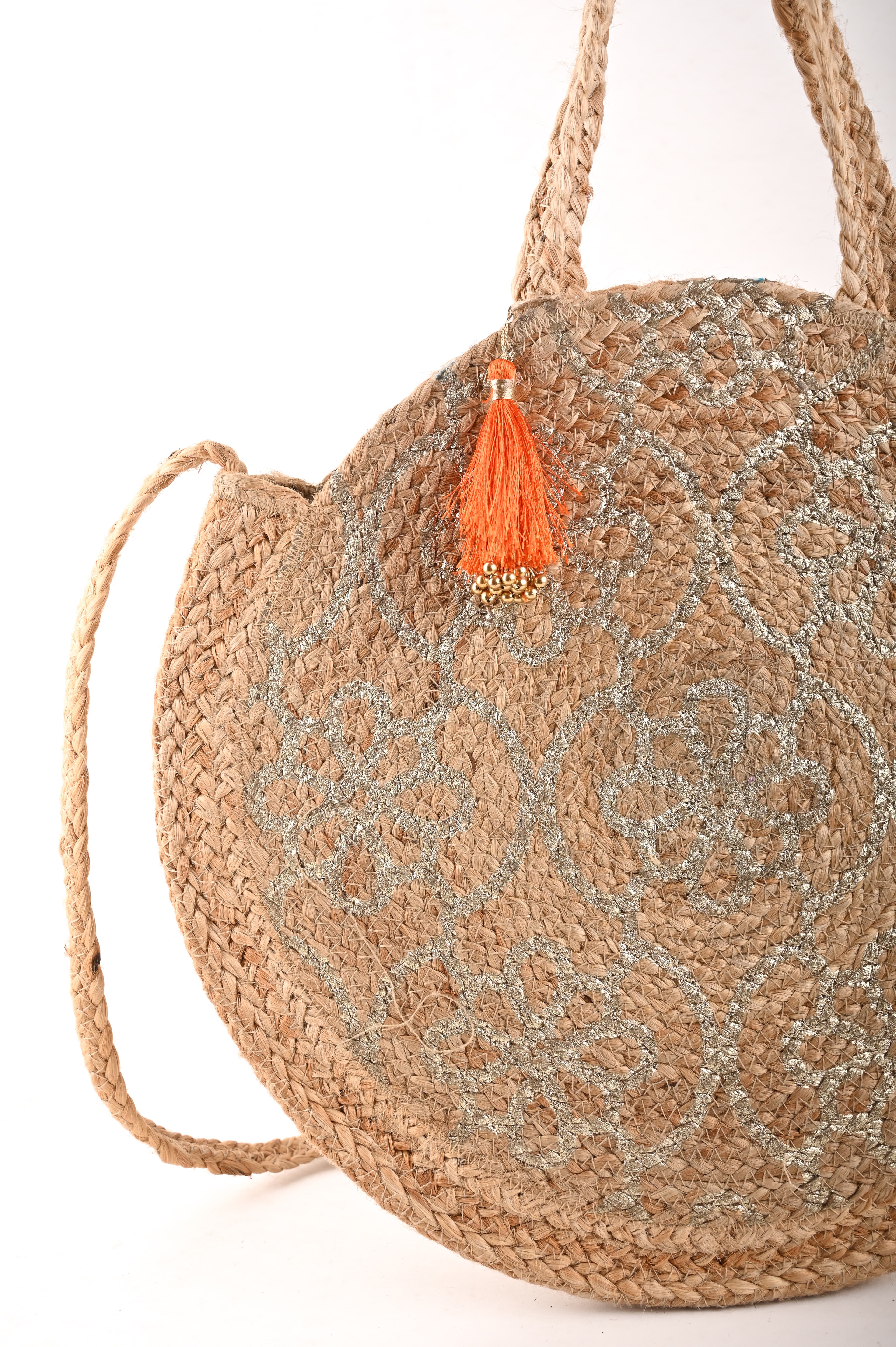 SILVER PRINT JUTE ROUND TOTE BAG