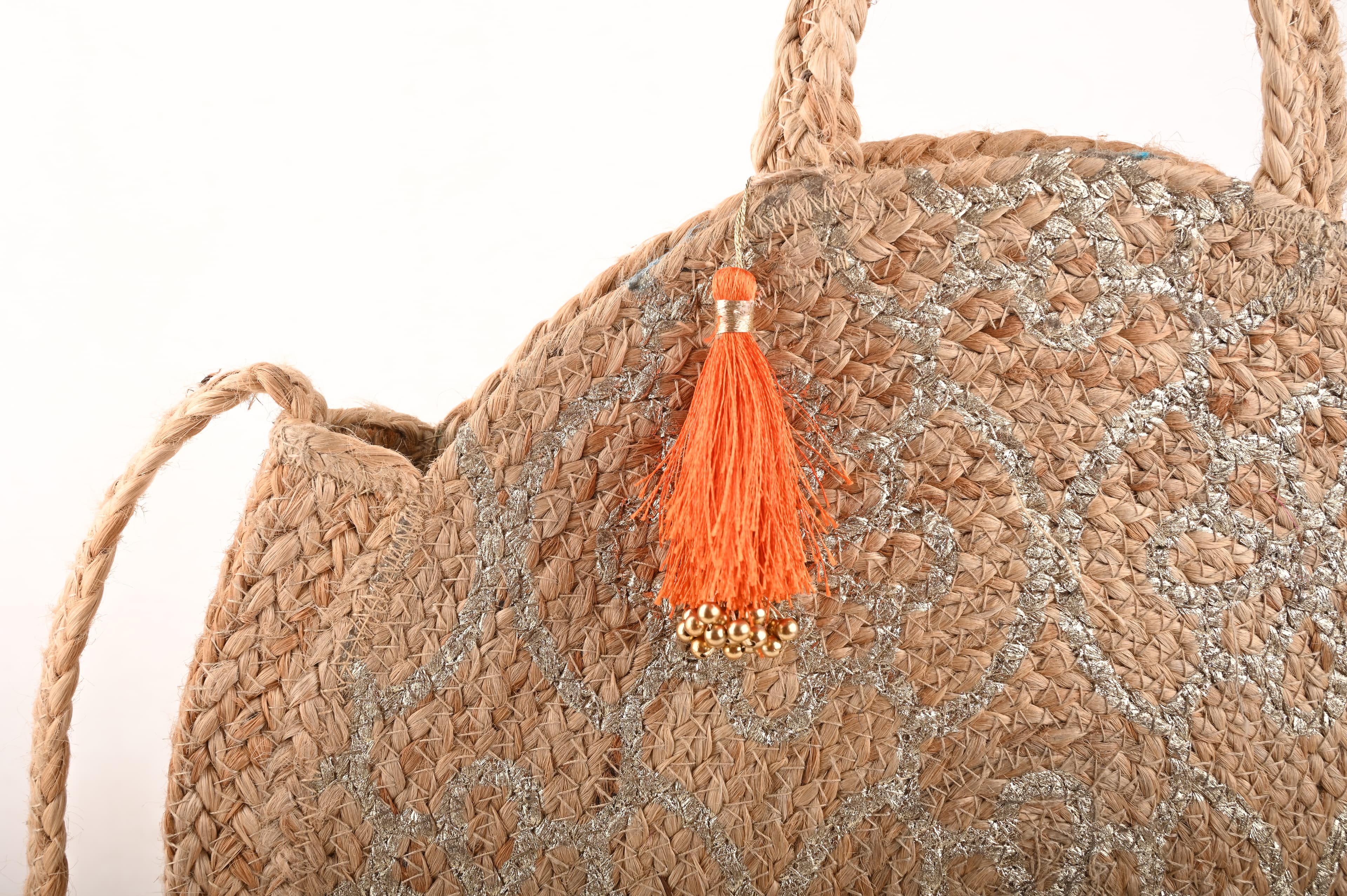 SILVER PRINT JUTE ROUND TOTE BAG