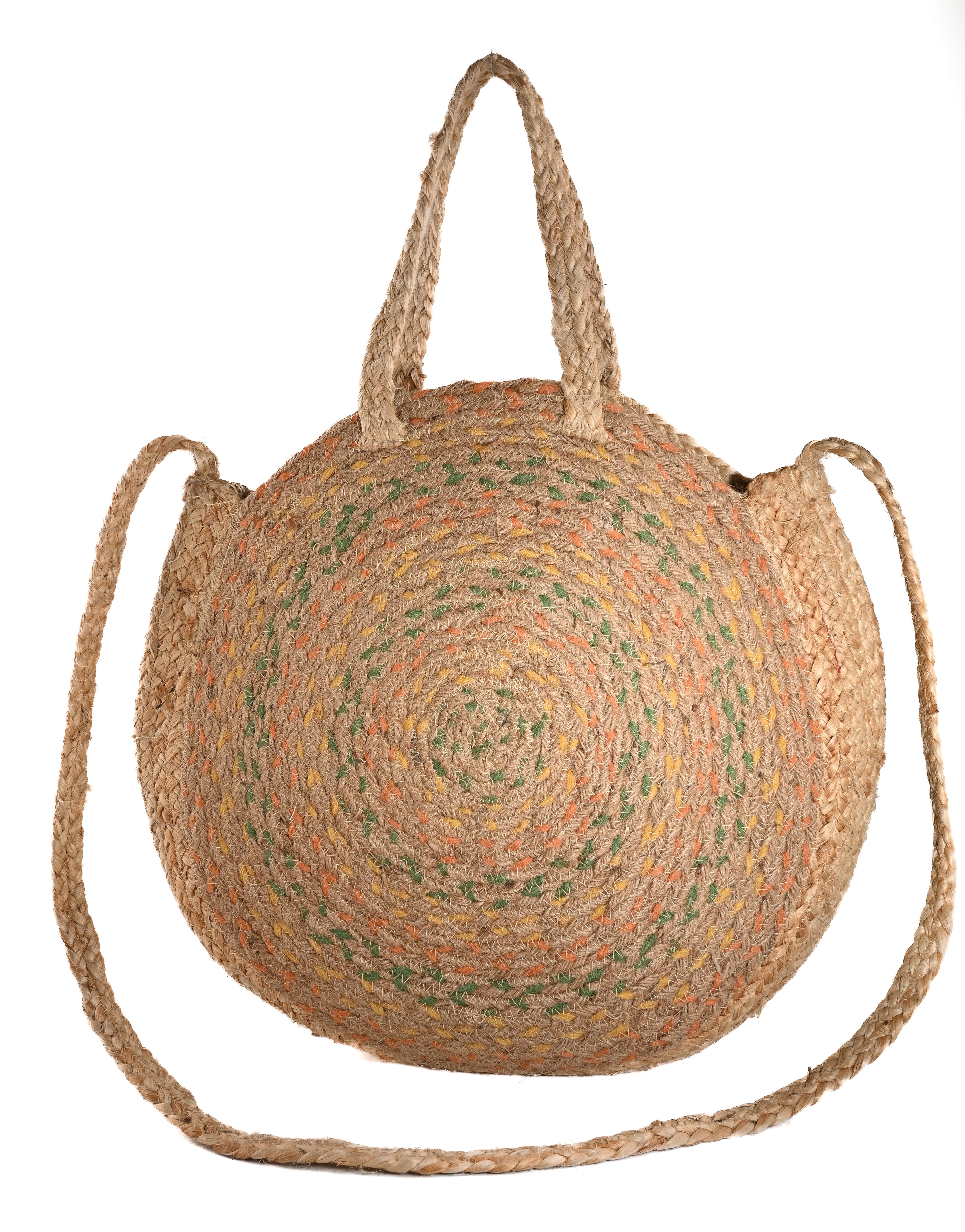 COTTON AND JUTE BRAIDED  ROUND TOTE BAG