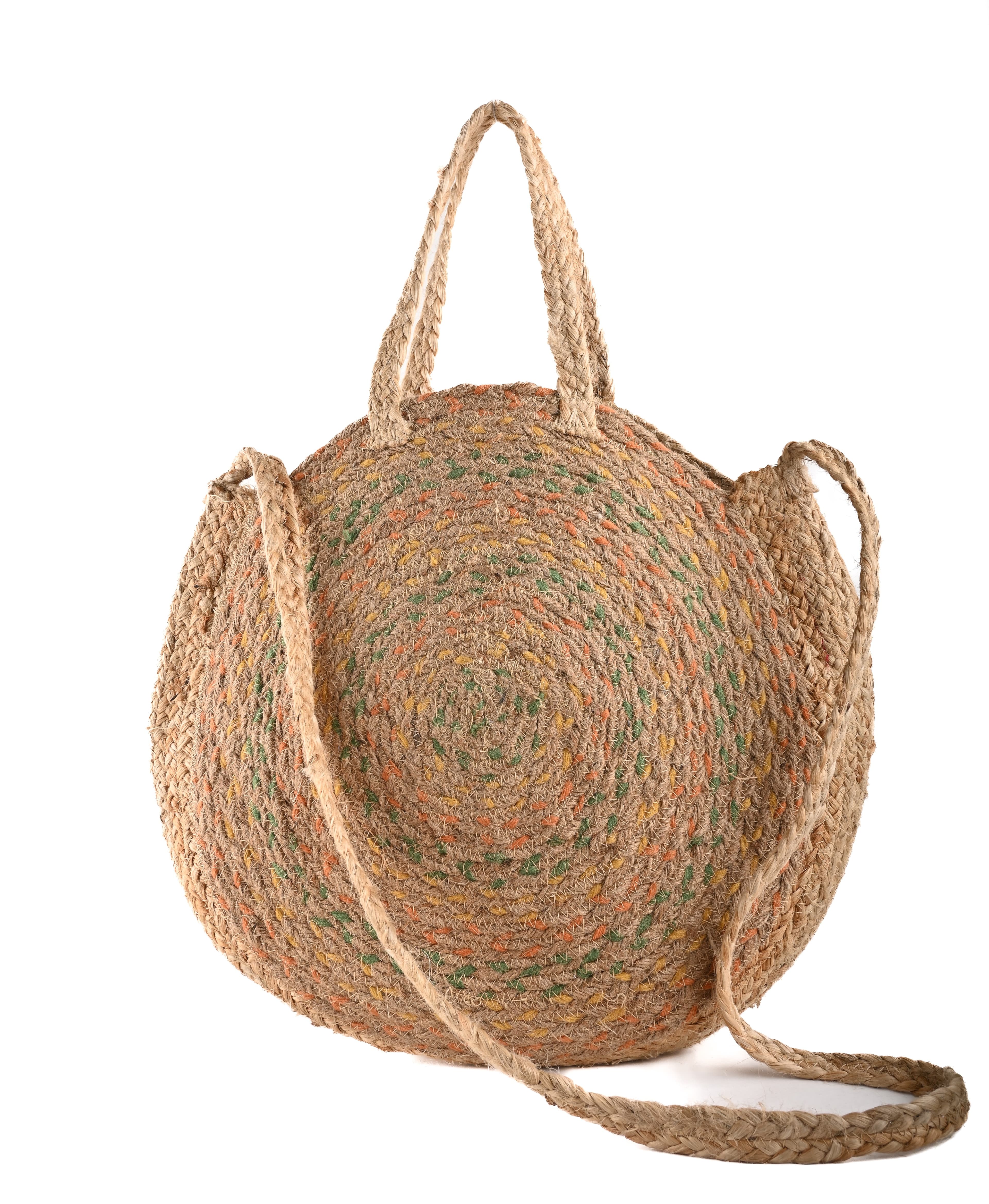 COTTON AND JUTE BRAIDED  ROUND TOTE BAG
