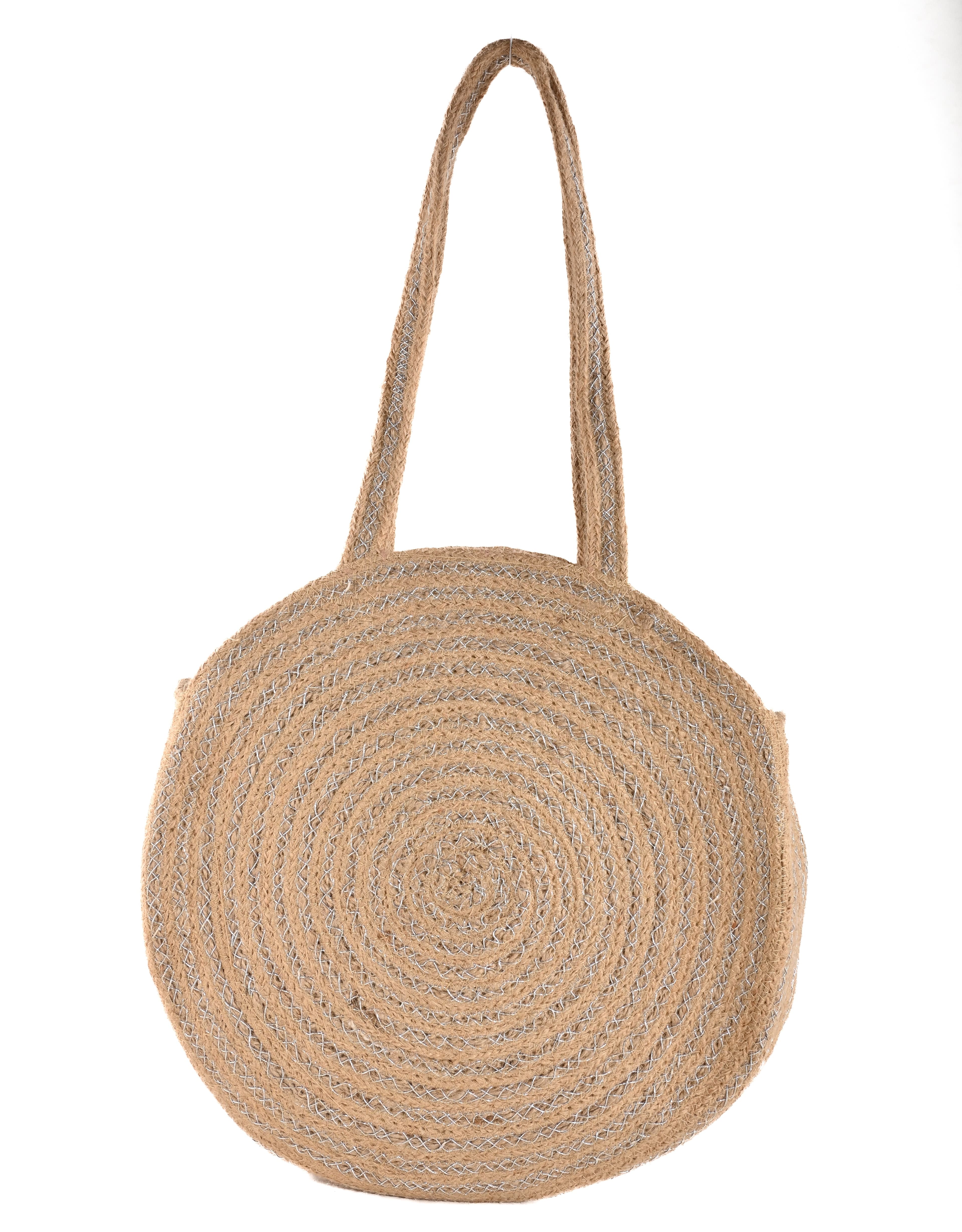 SILVER LUREX  AND JUTE BRAIDED  ROUND TOTE BAG