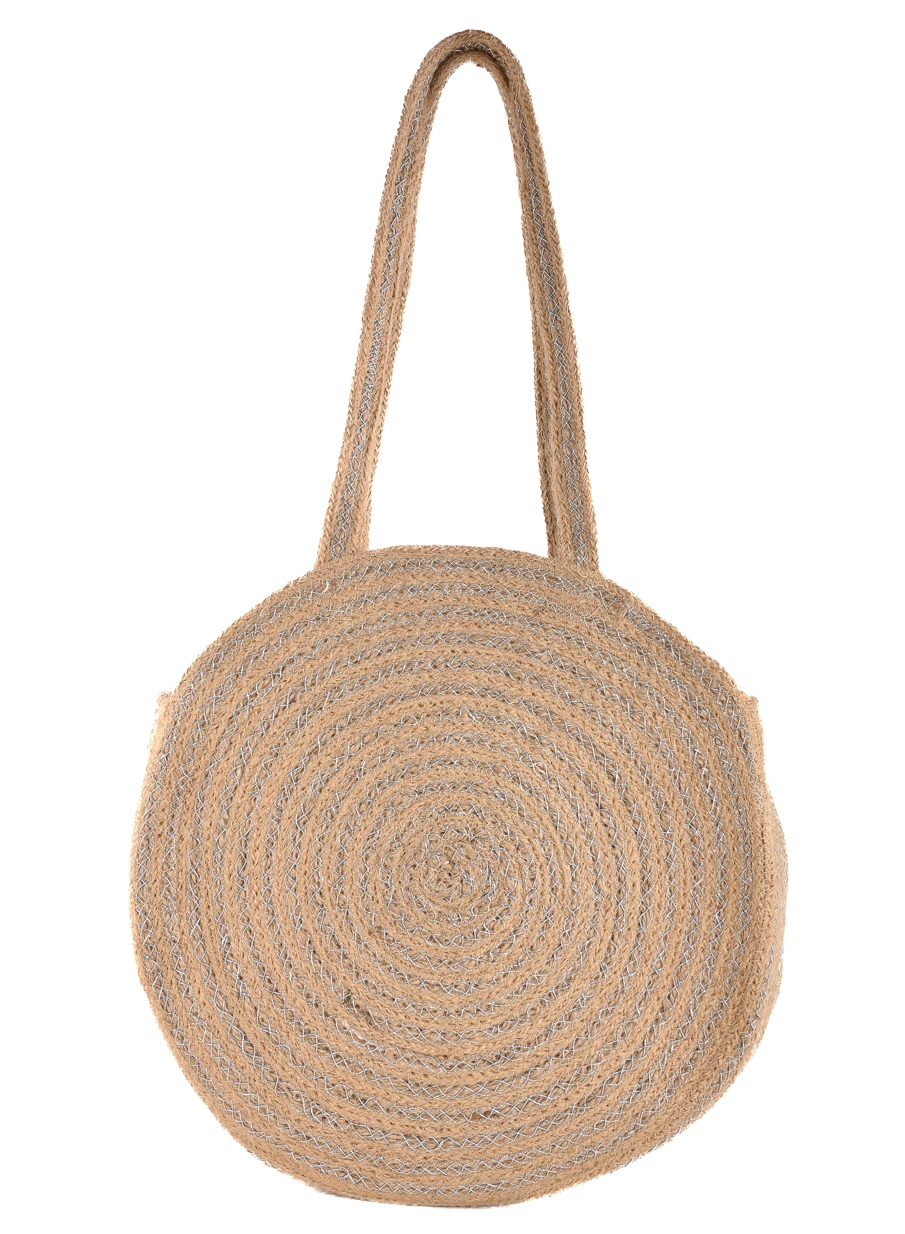 SILVER LUREX  AND JUTE BRAIDED  ROUND TOTE BAG