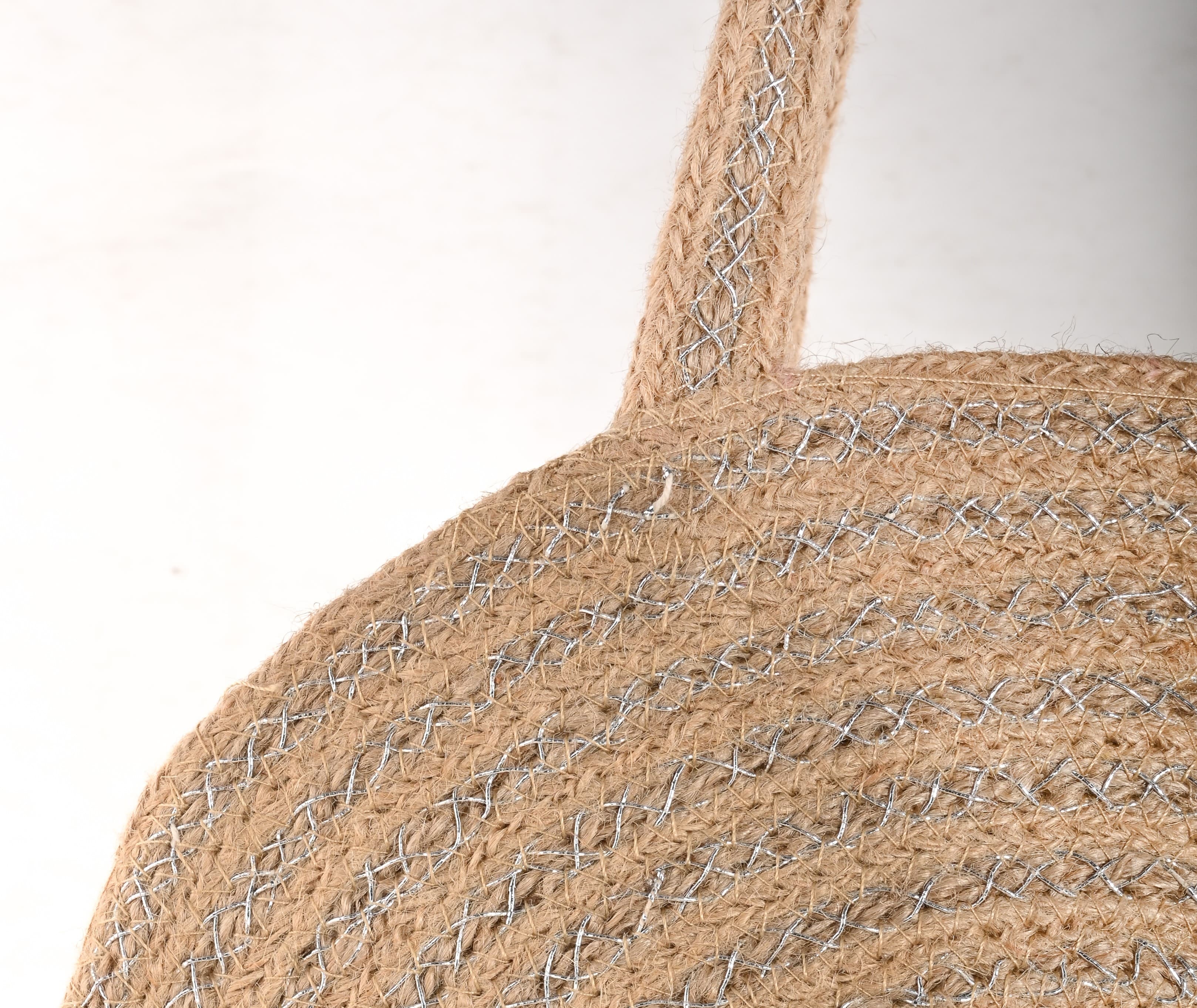 SILVER LUREX  AND JUTE BRAIDED  ROUND TOTE BAG