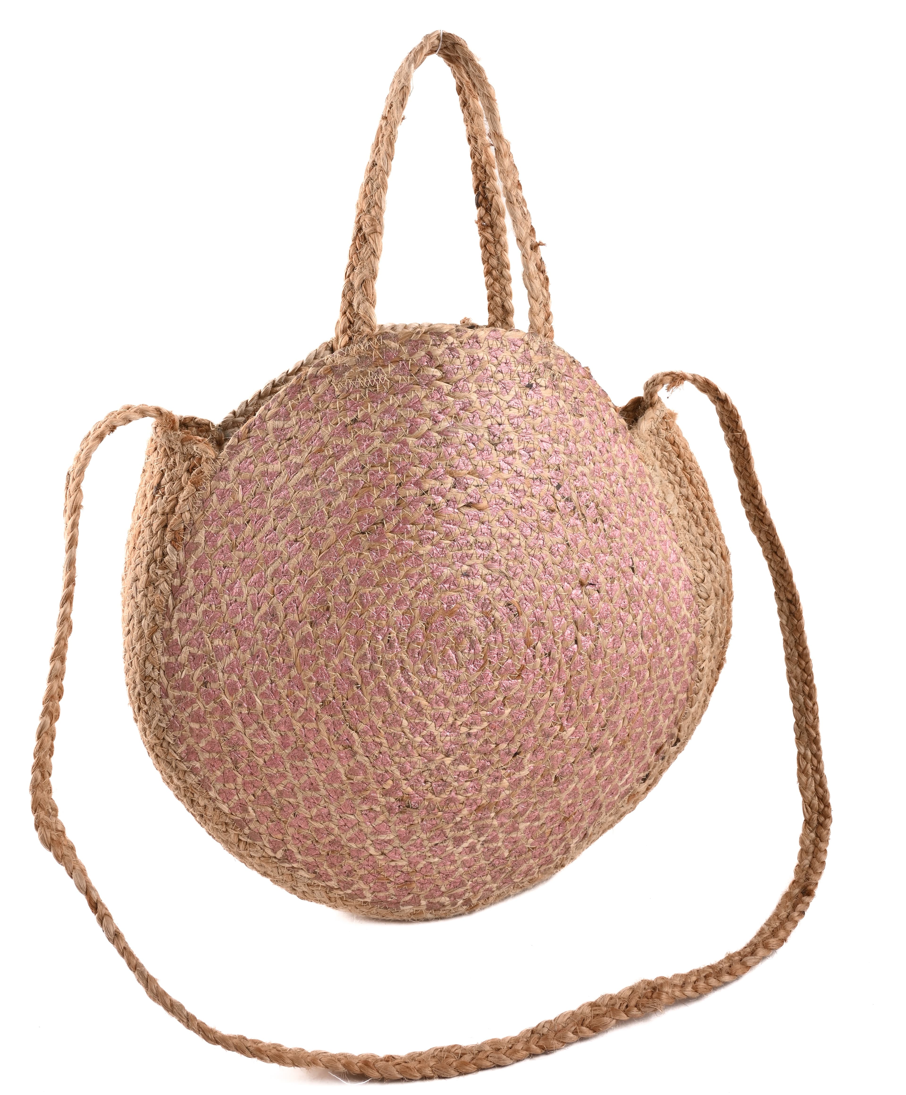 PINK LUREX  AND JUTE BRAIDED  ROUND CROSSBODY  BAG
