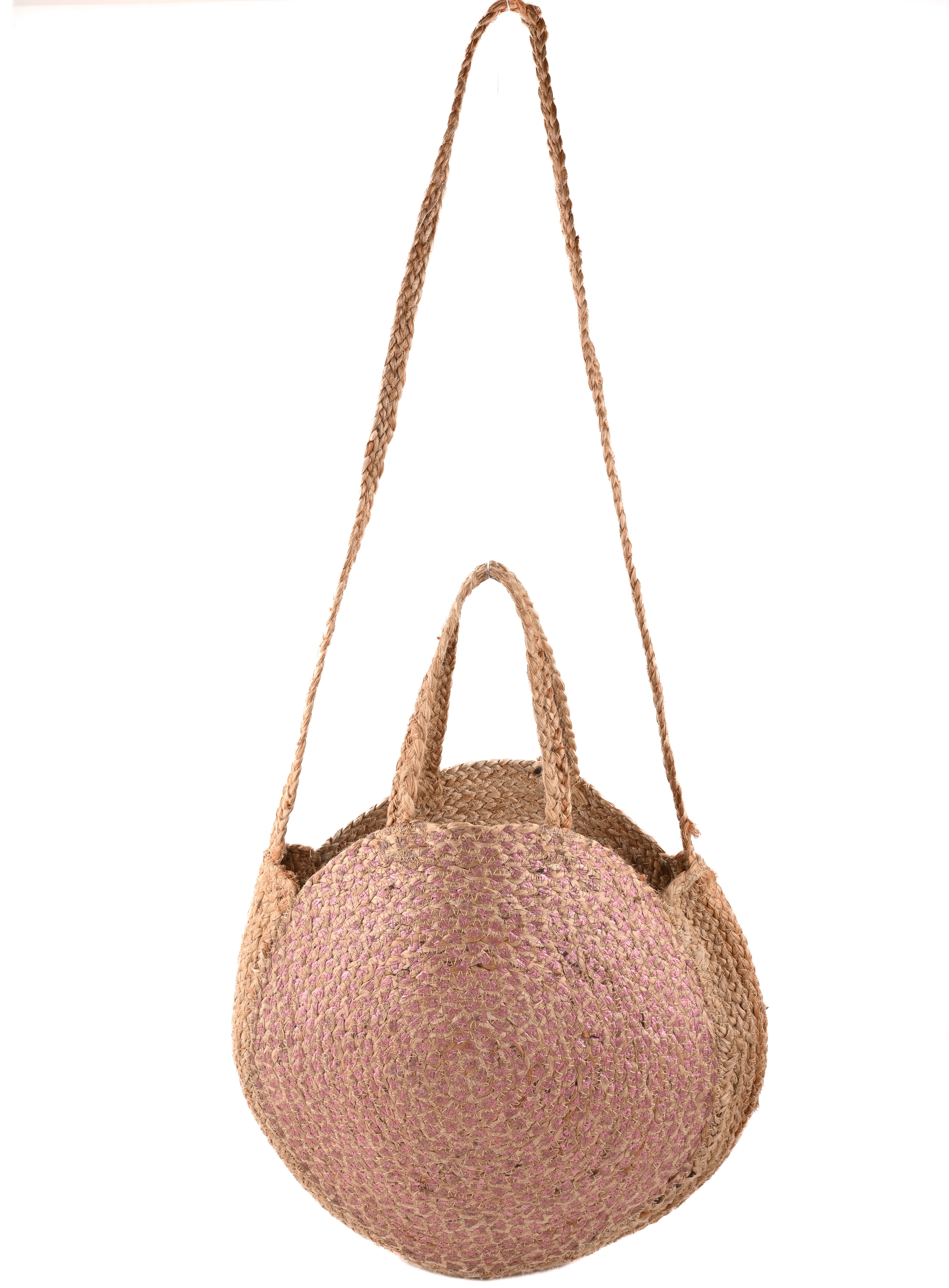 PINK LUREX  AND JUTE BRAIDED  ROUND CROSSBODY  BAG