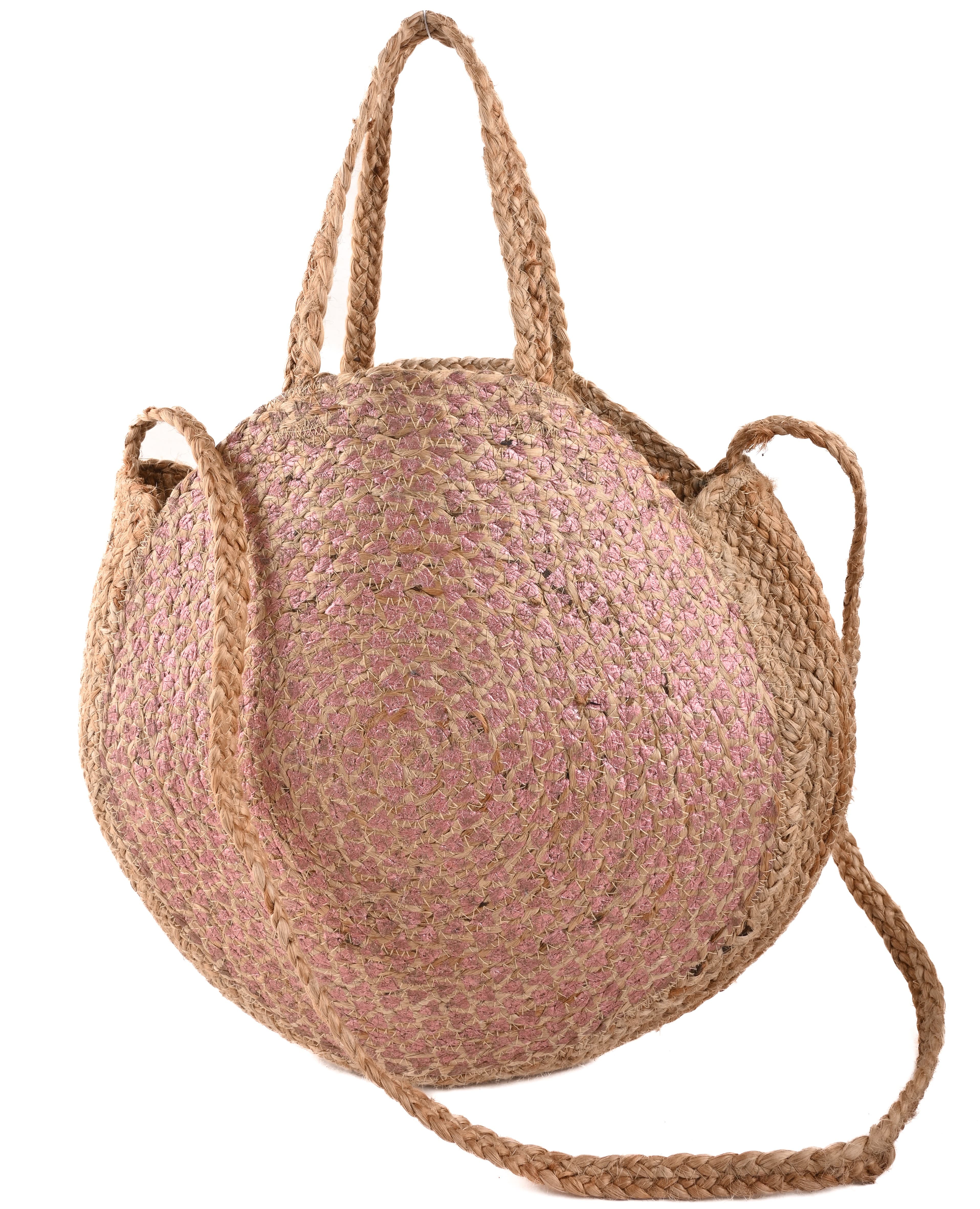 PINK LUREX  AND JUTE BRAIDED  ROUND CROSSBODY  BAG
