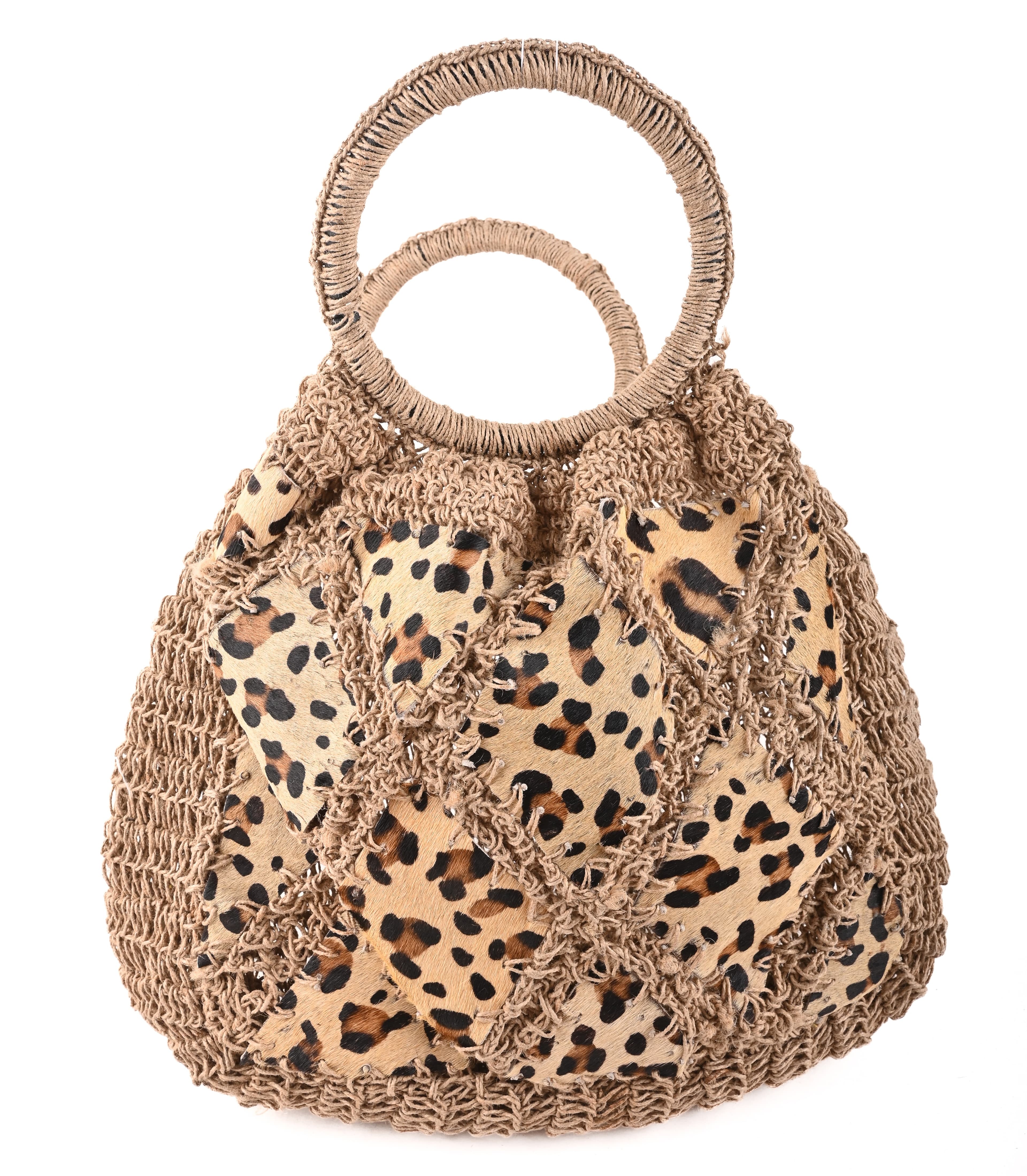 NATURAL JUTE HANDBAG WITH LEOPARD PATCH WORK
