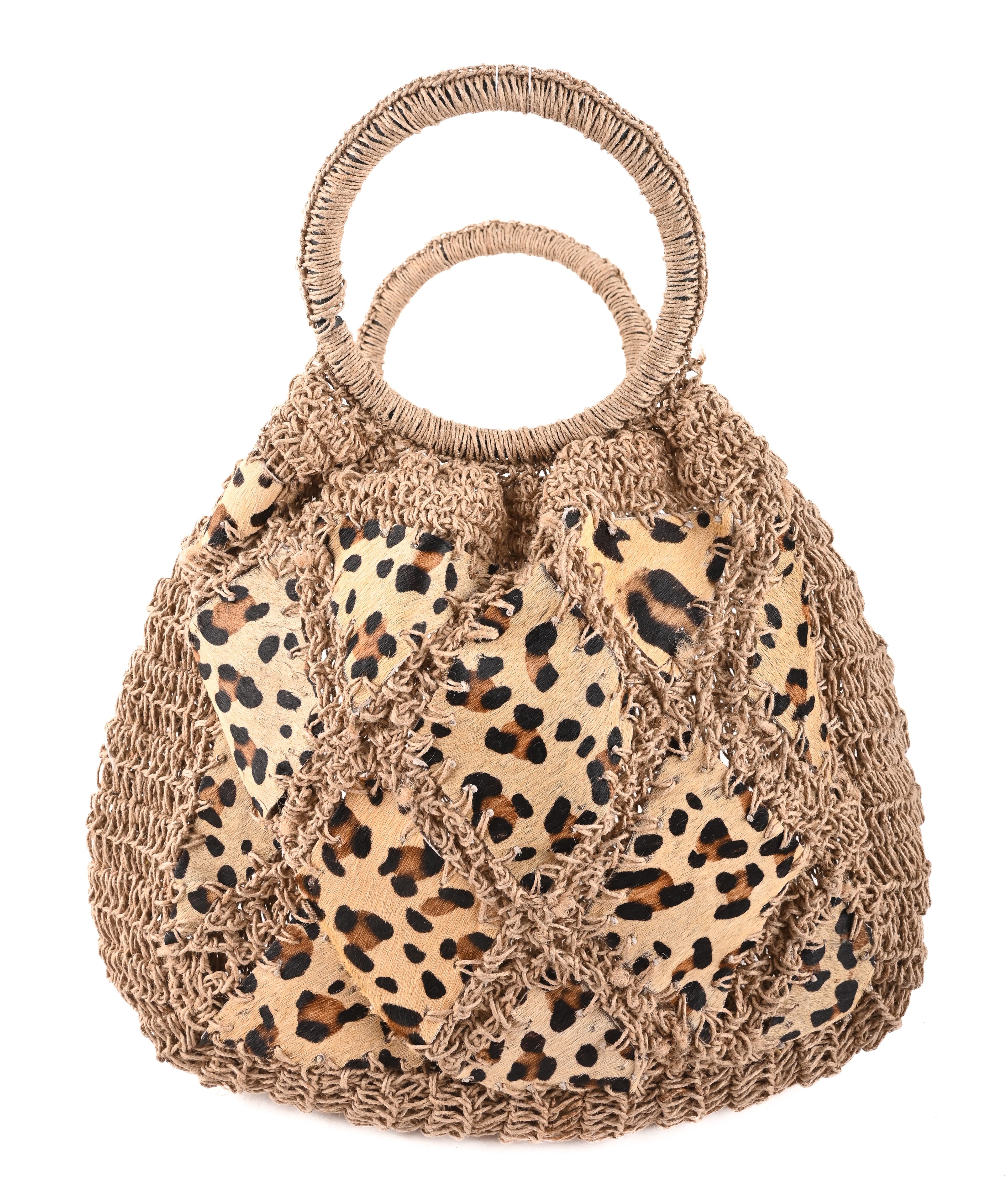 NATURAL JUTE HANDBAG WITH LEOPARD PATCH WORK