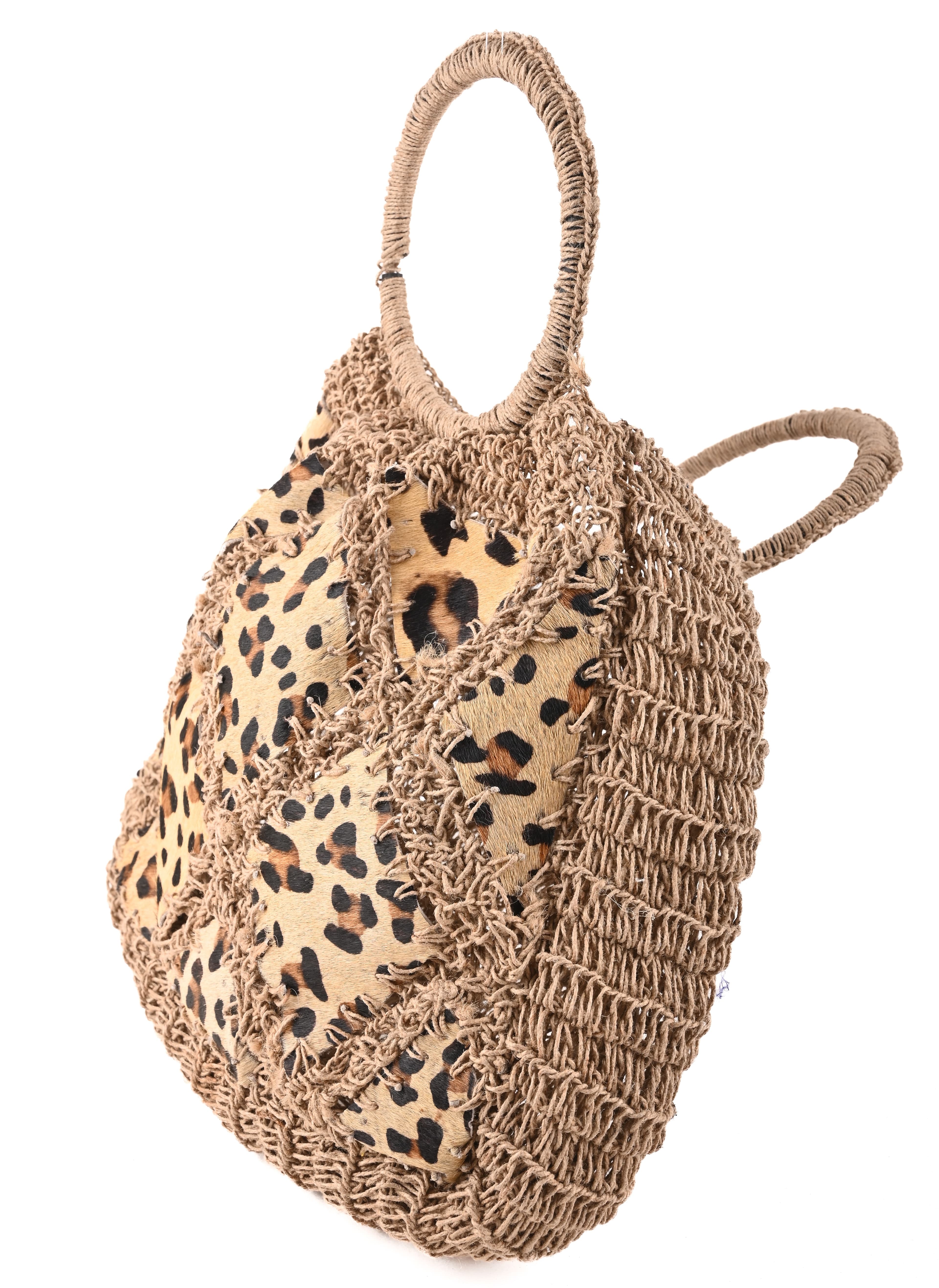 NATURAL JUTE HANDBAG WITH LEOPARD PATCH WORK