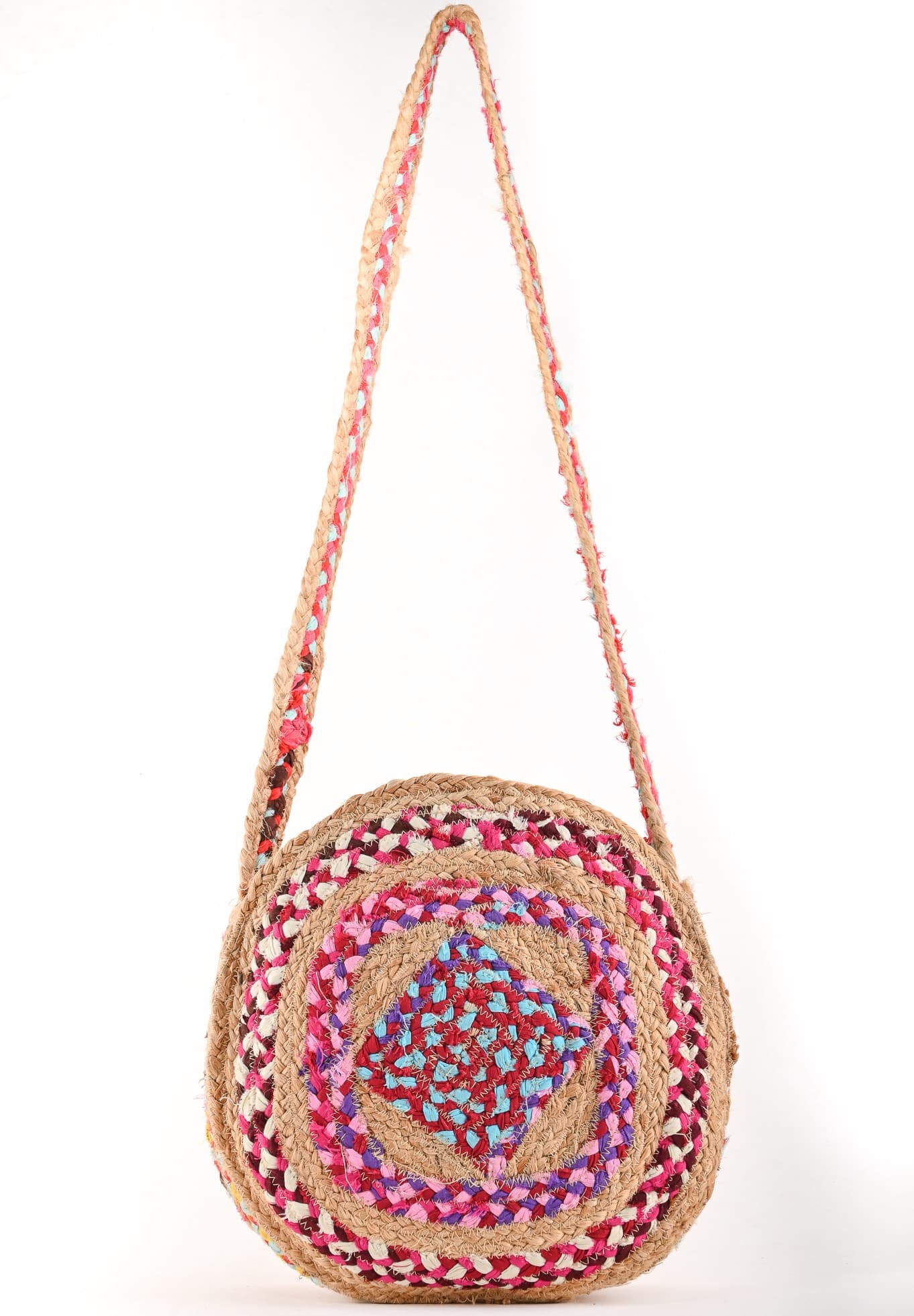 PINK MULTI ROUND JUTE CROSSBODY BAG