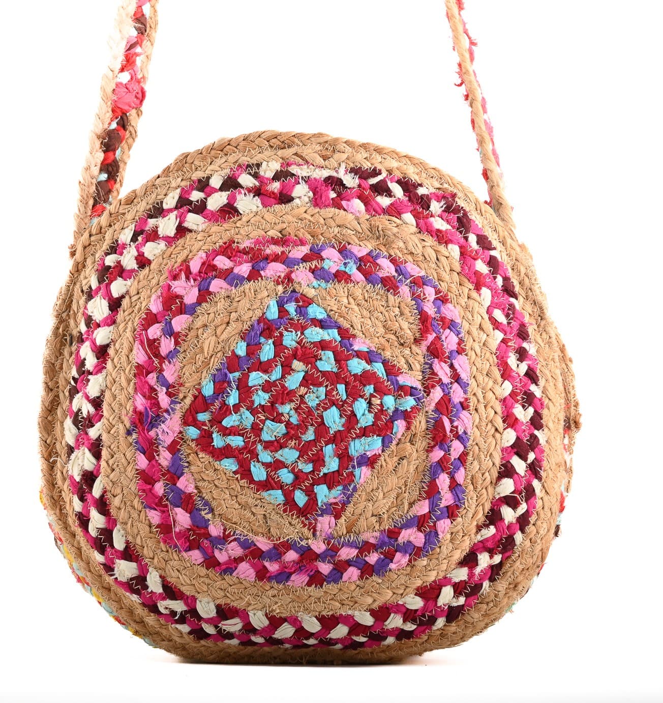 PINK MULTI ROUND JUTE CROSSBODY BAG