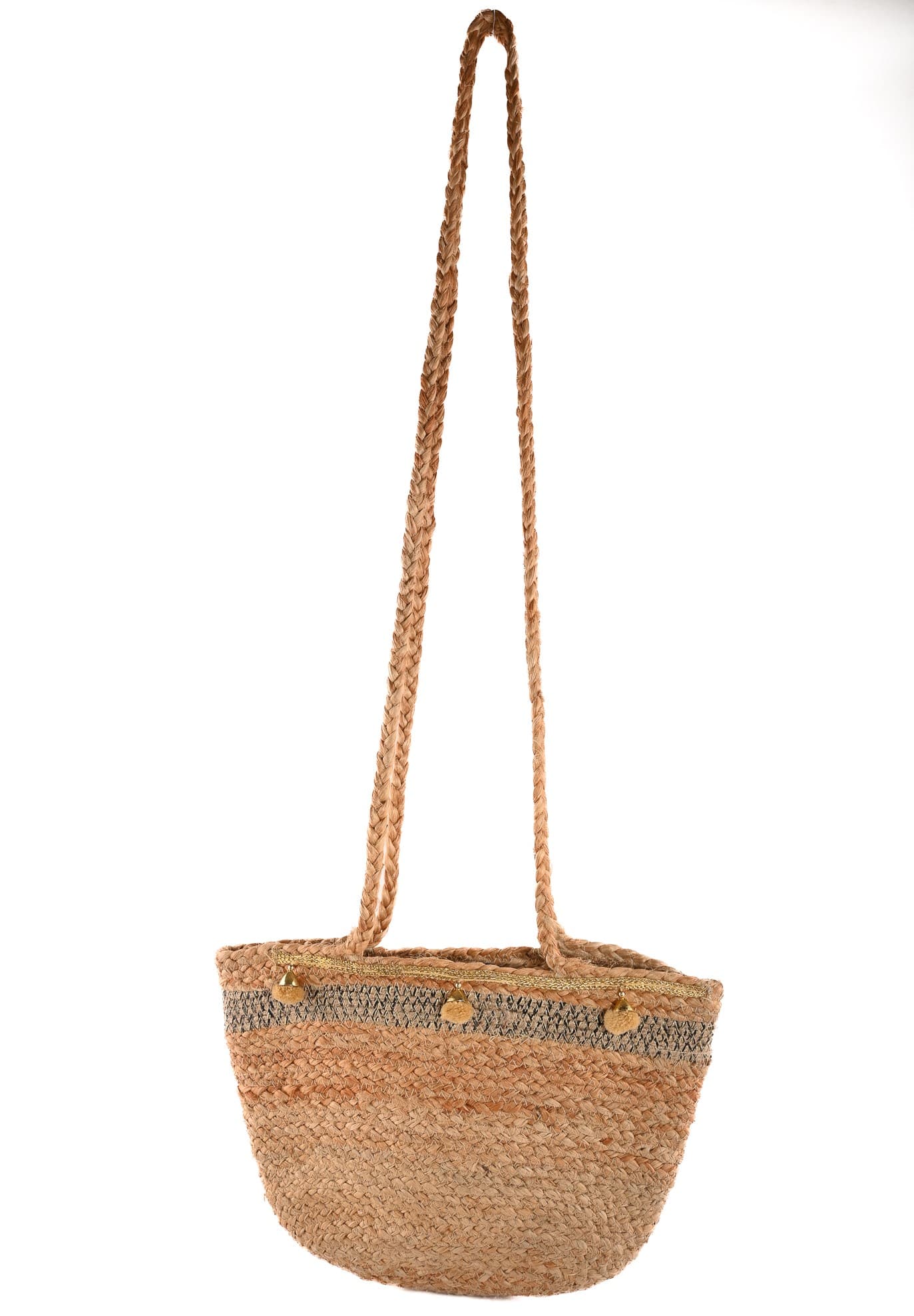 NATURAL JUTE BRAIDED  CROSSBODY BAG WITH POM POM