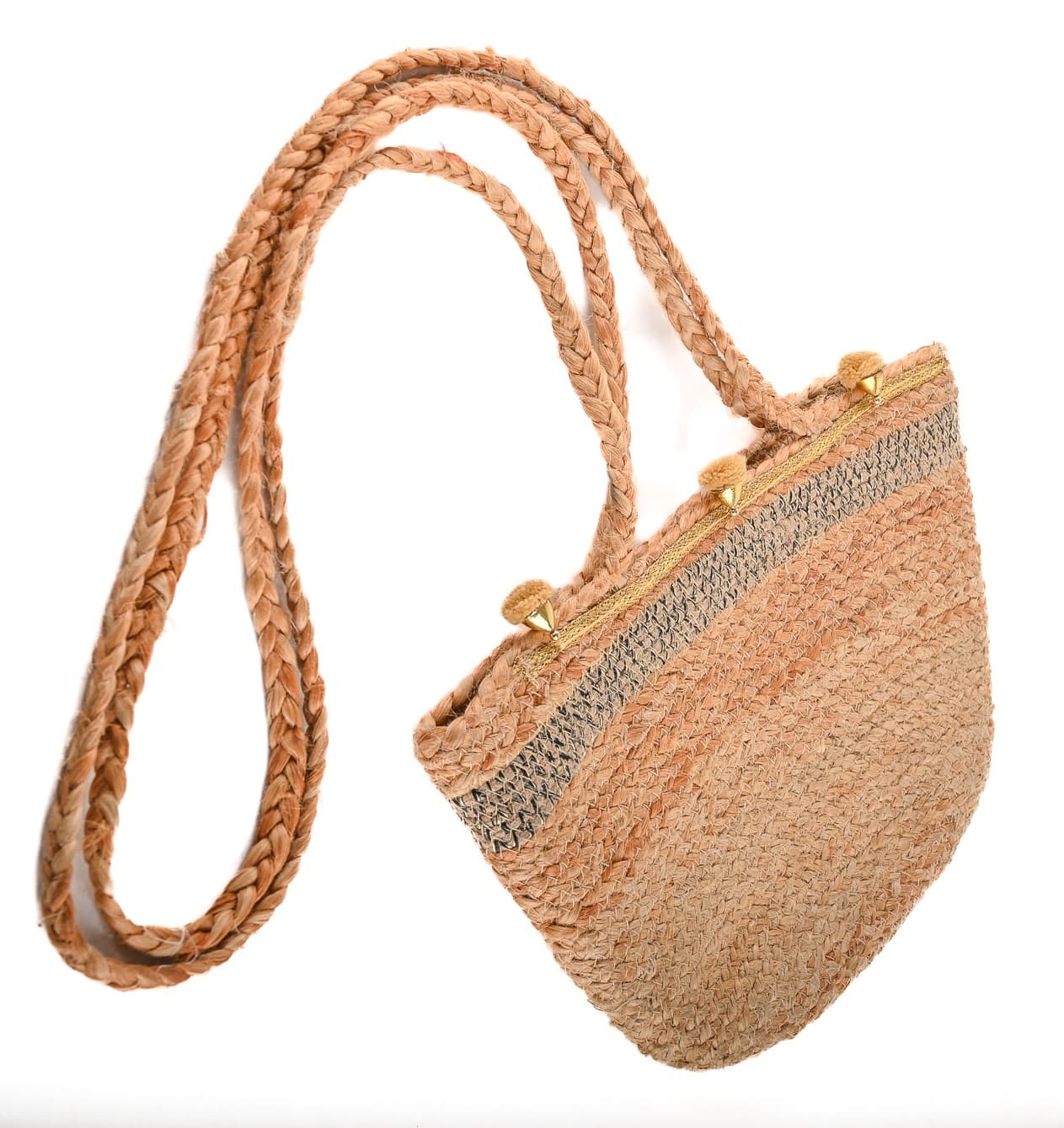 NATURAL JUTE BRAIDED  CROSSBODY BAG WITH POM POM