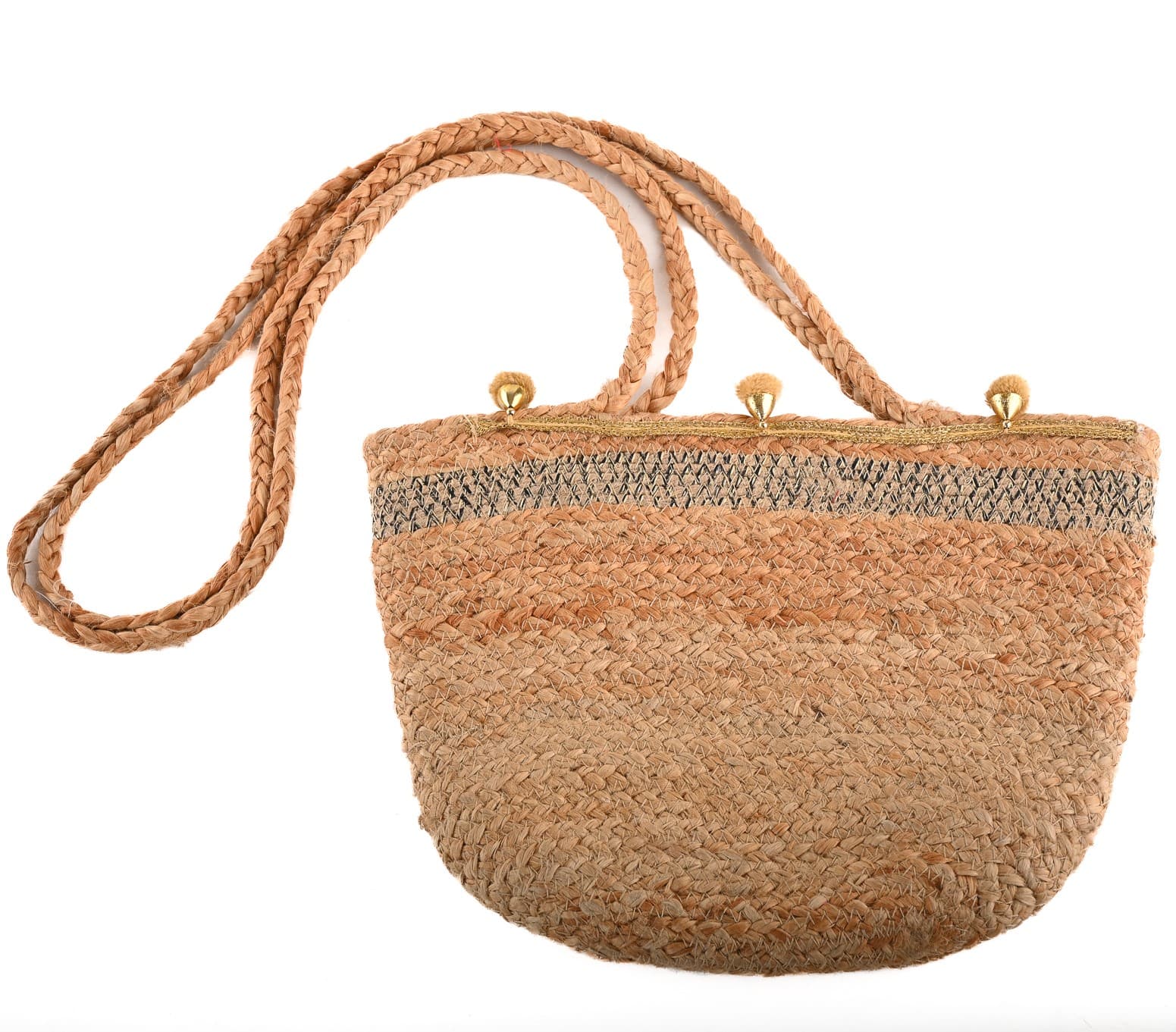 NATURAL JUTE BRAIDED  CROSSBODY BAG WITH POM POM
