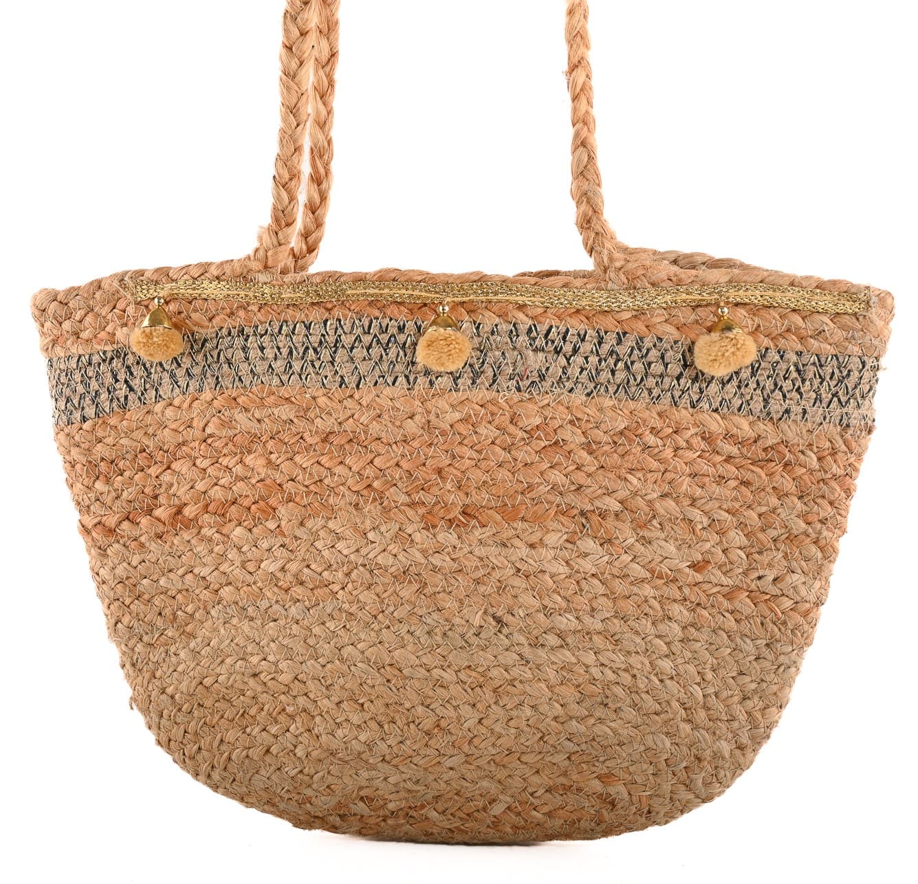 NATURAL JUTE BRAIDED  CROSSBODY BAG WITH POM POM