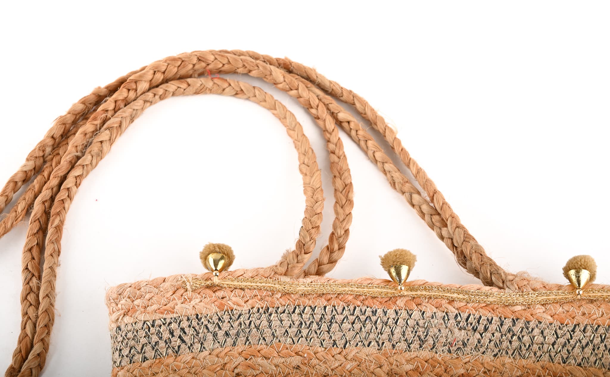NATURAL JUTE BRAIDED  CROSSBODY BAG WITH POM POM