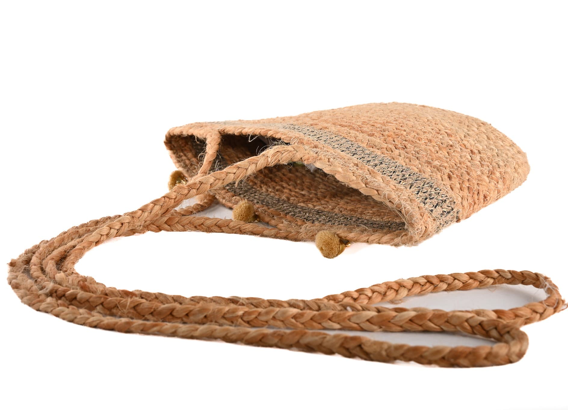 NATURAL JUTE BRAIDED  CROSSBODY BAG WITH POM POM