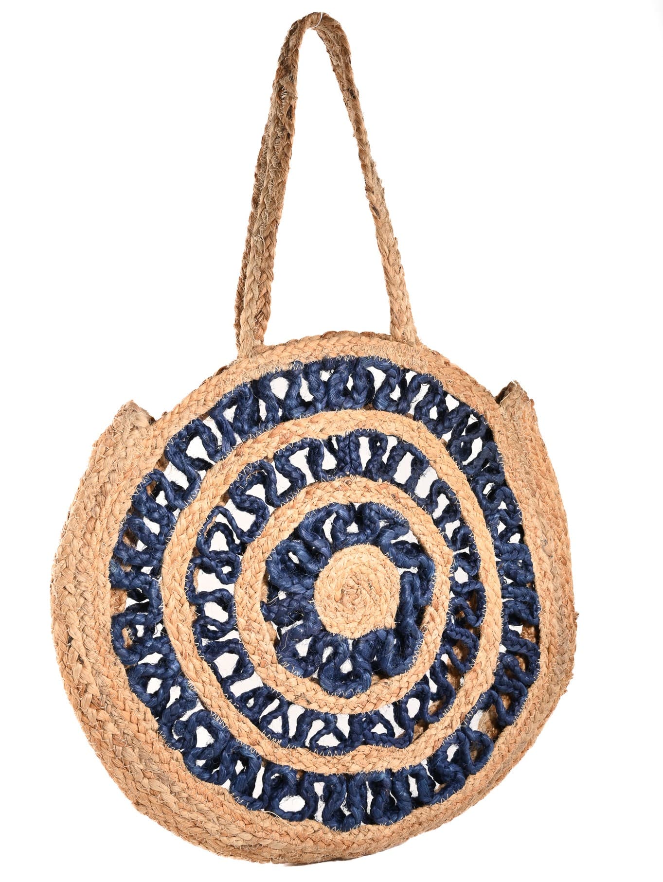 BLUE AND NATURAL JUTE BRAIDED ROUND TOTE BAG