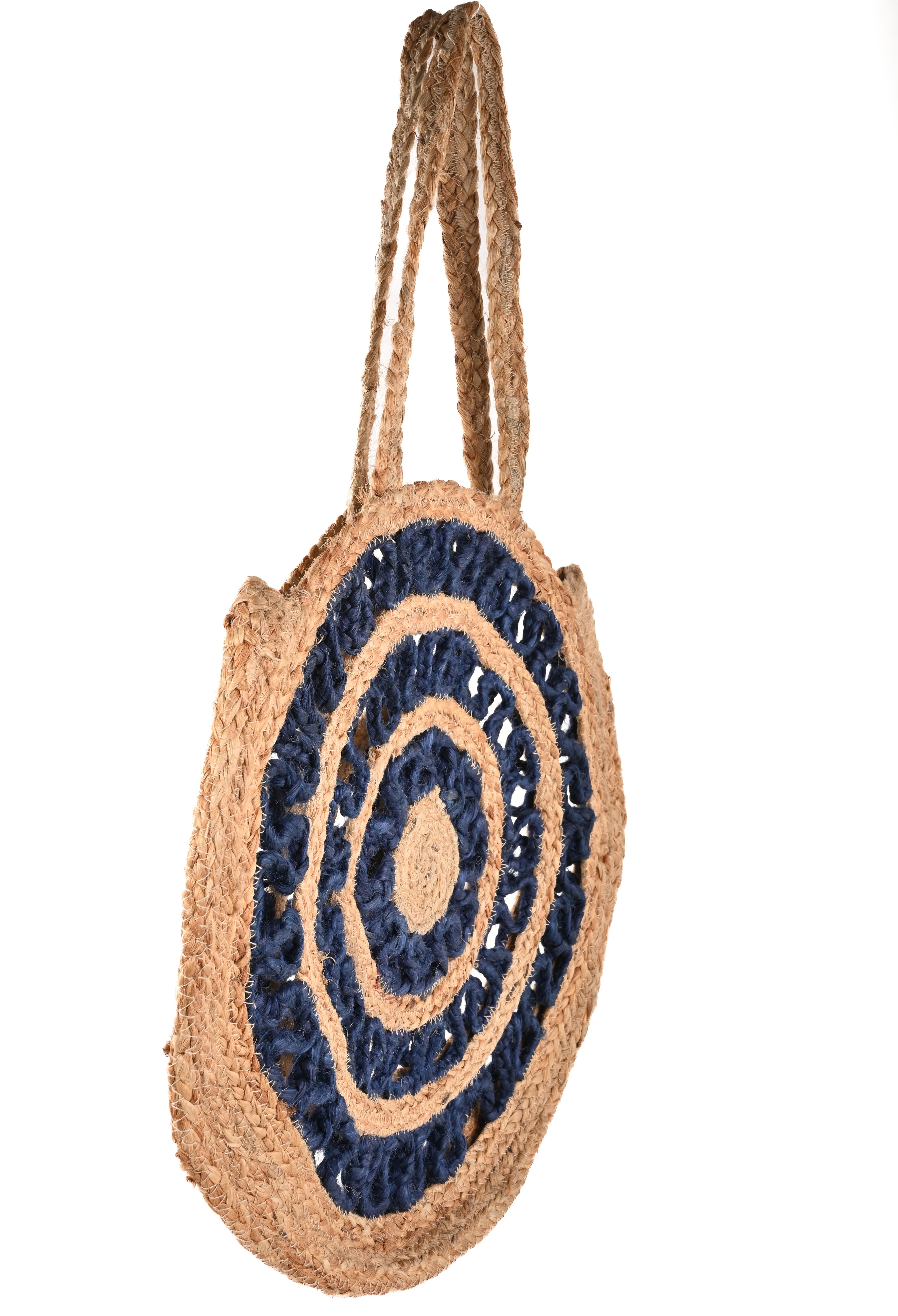 BLUE AND NATURAL JUTE BRAIDED ROUND TOTE BAG
