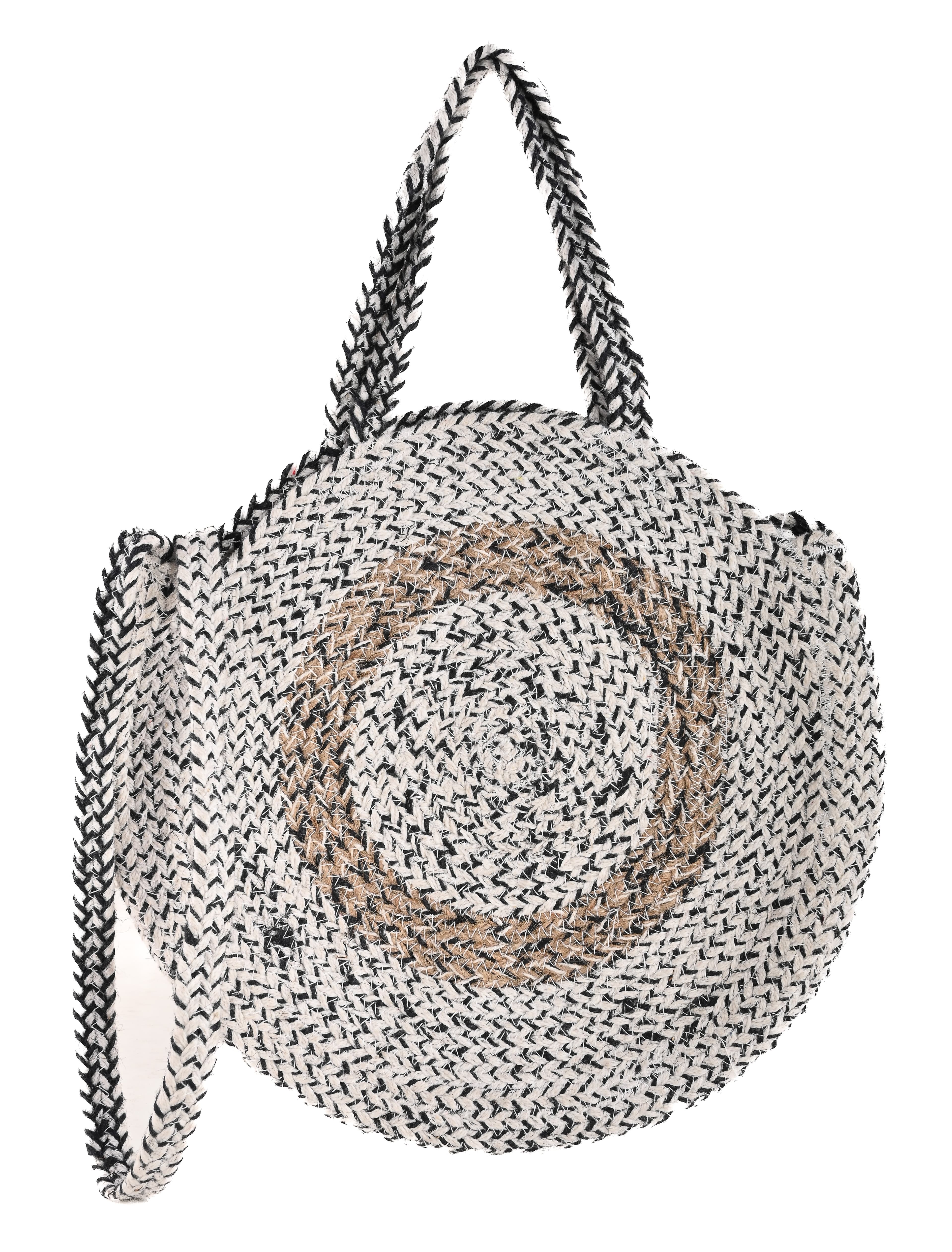 BLACK WHITE COTTON AND NATURAL JUTE BRAIDED TOTE BAG