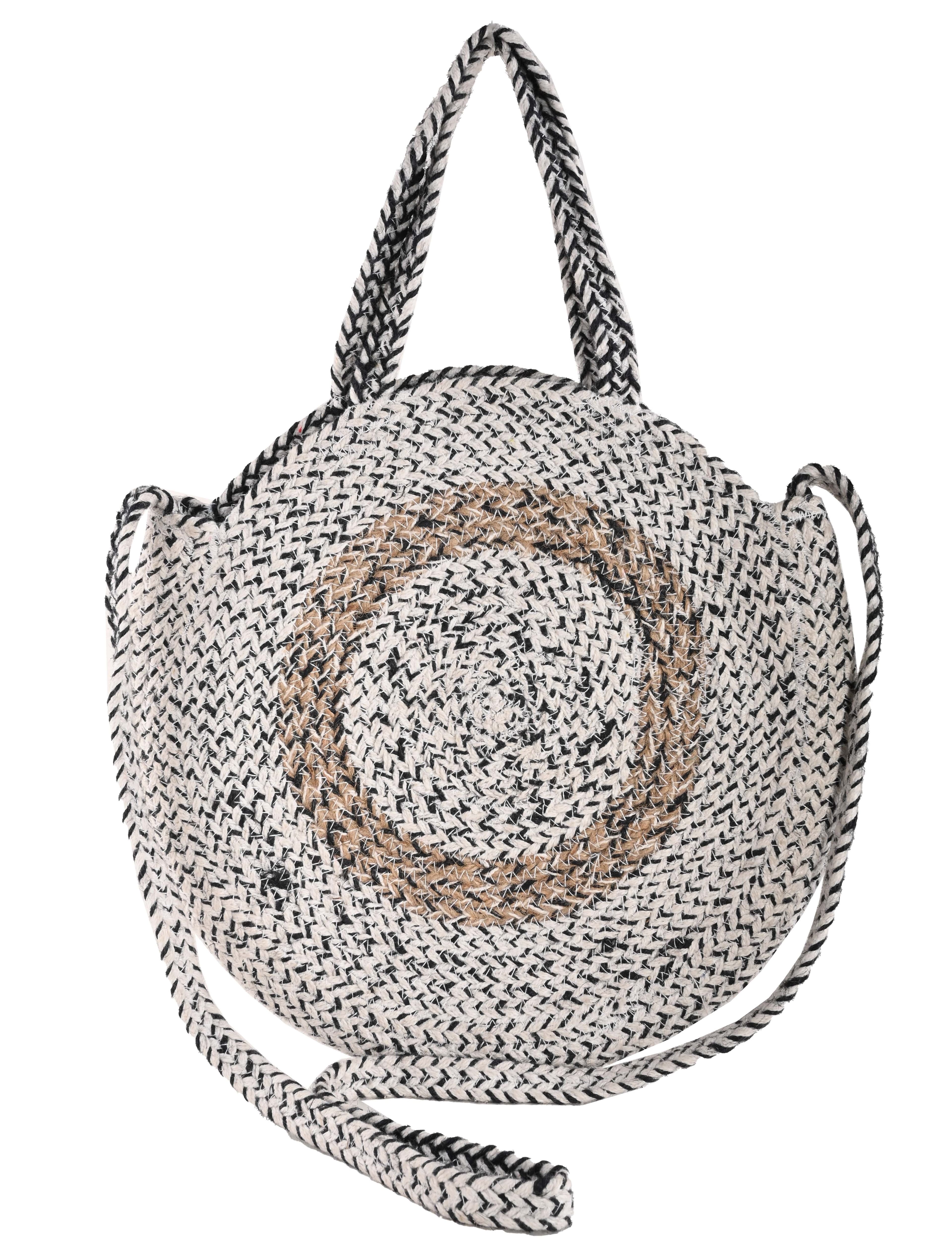 BLACK WHITE COTTON AND NATURAL JUTE BRAIDED TOTE BAG