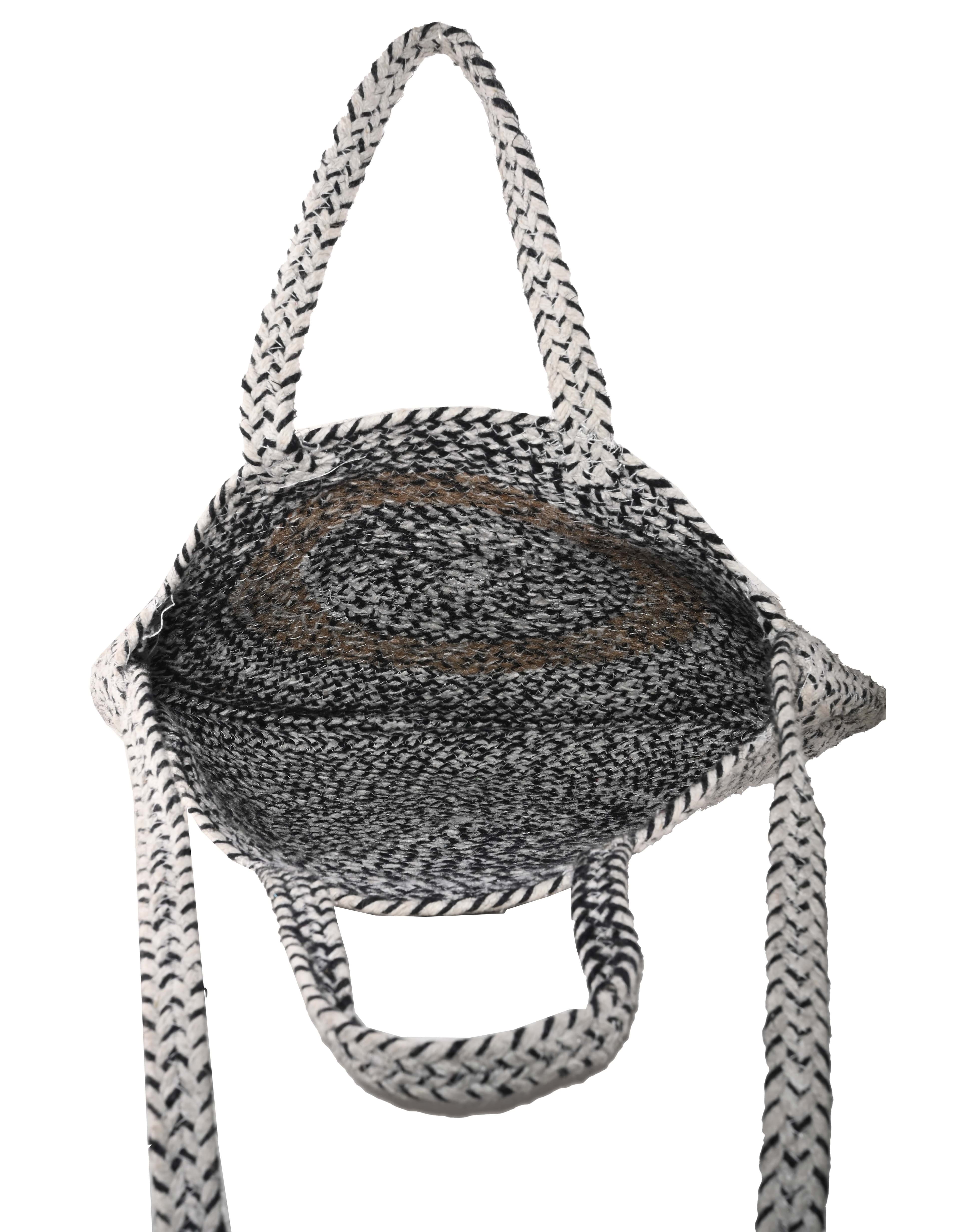 BLACK WHITE COTTON AND NATURAL JUTE BRAIDED TOTE BAG
