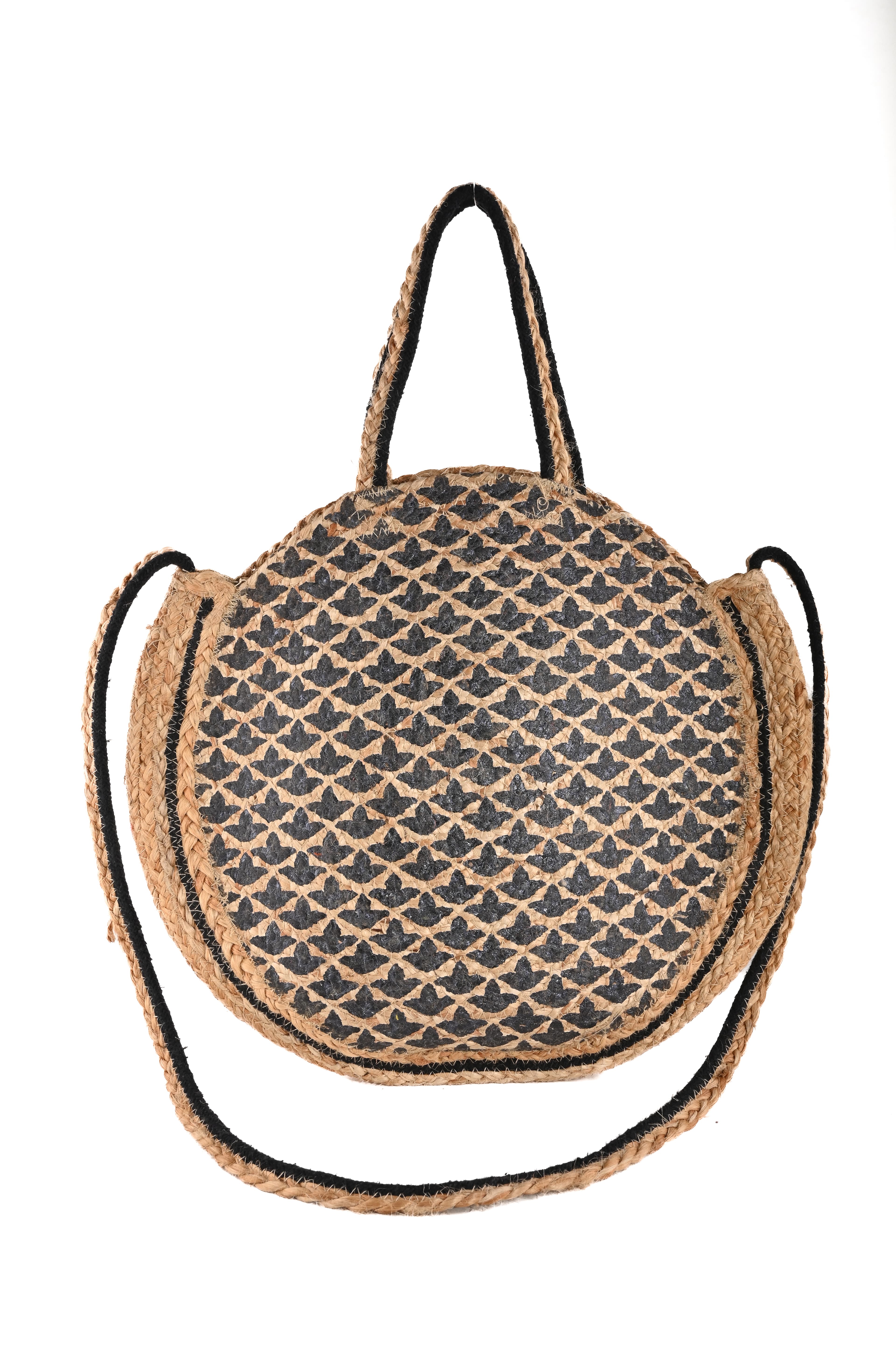 BLOCK PRINTED JUTE BRAIDED ROUND TOTE BAG