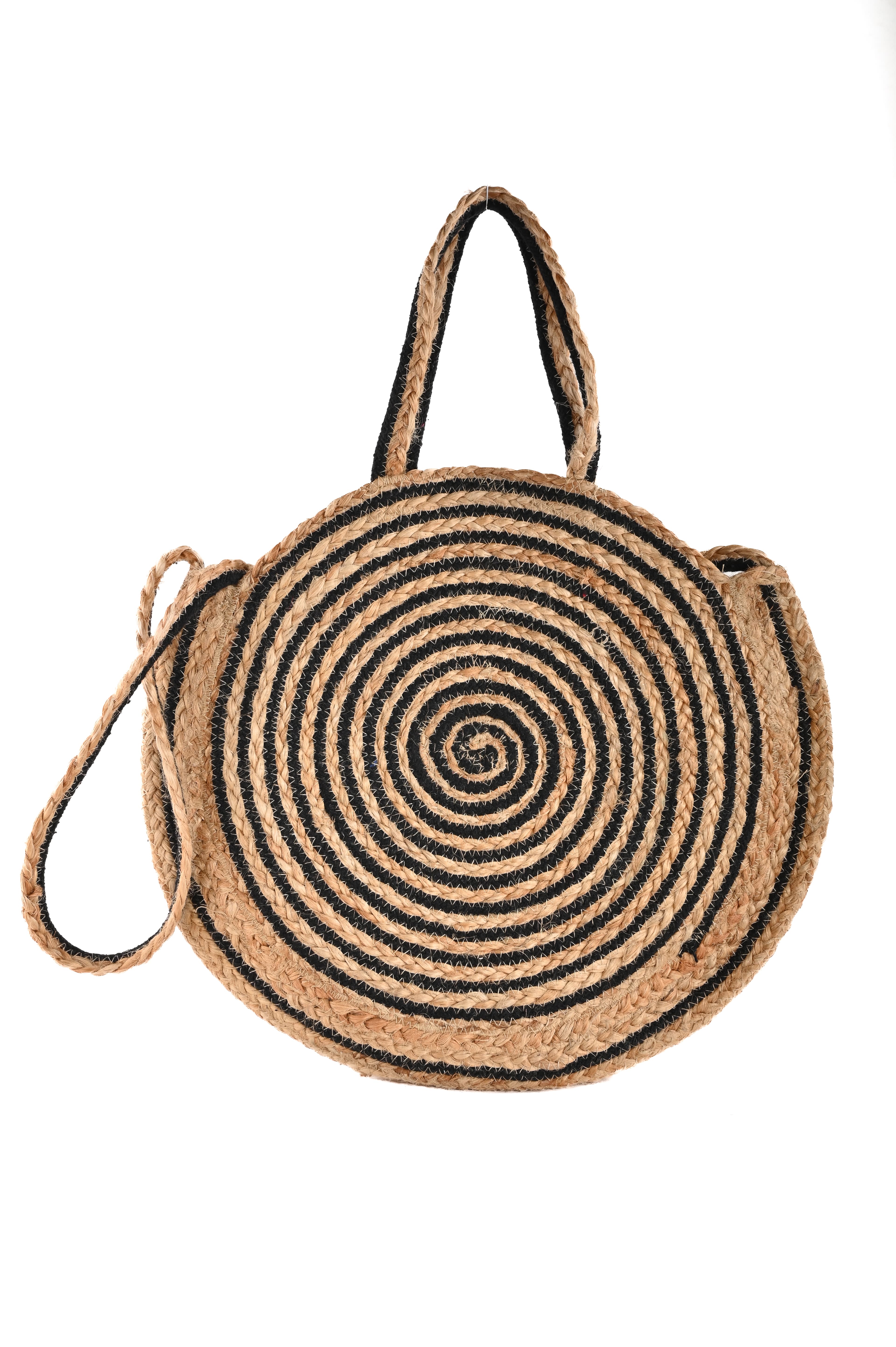 BLOCK PRINTED JUTE BRAIDED ROUND TOTE BAG