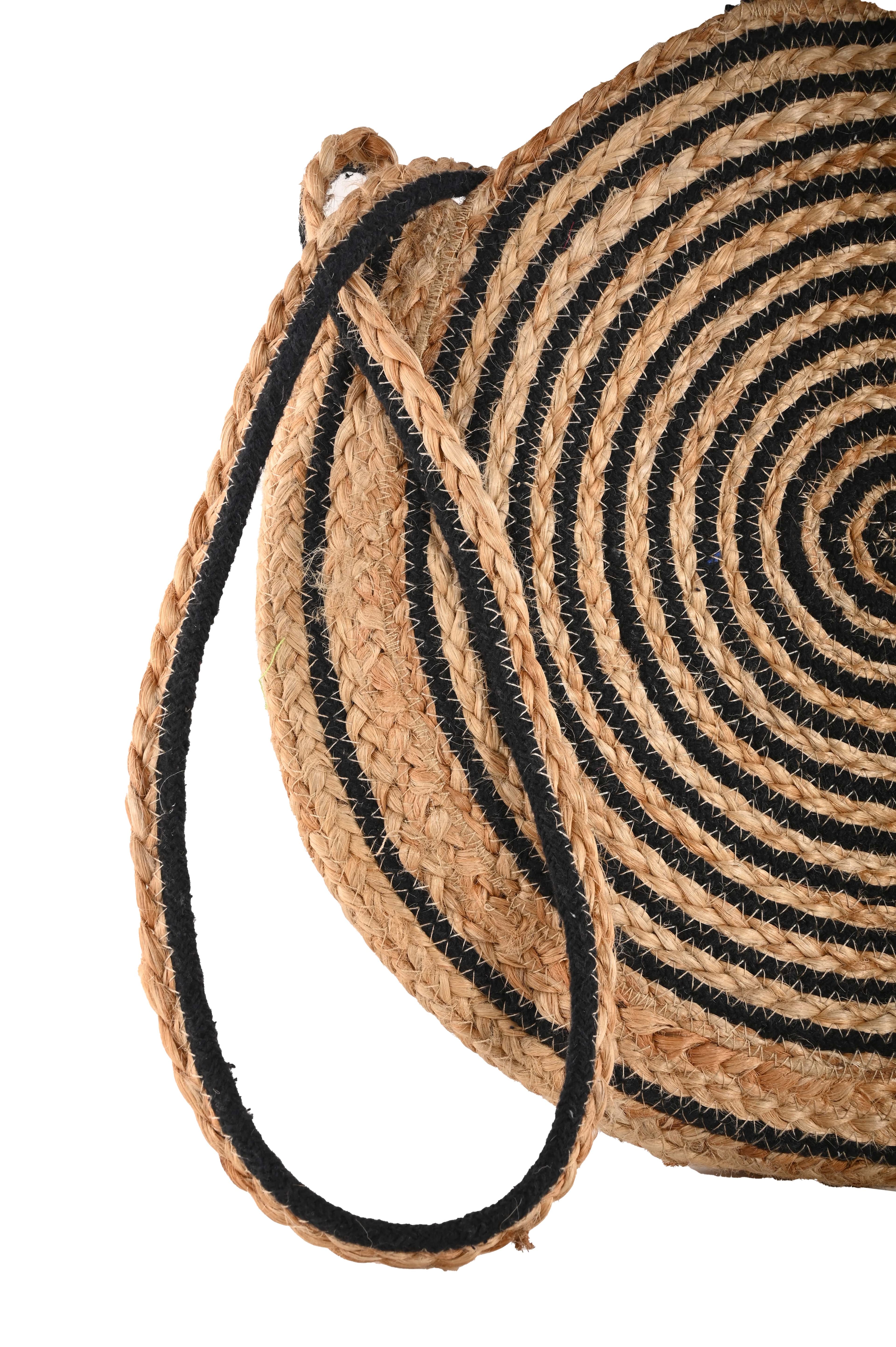 BLOCK PRINTED JUTE BRAIDED ROUND TOTE BAG