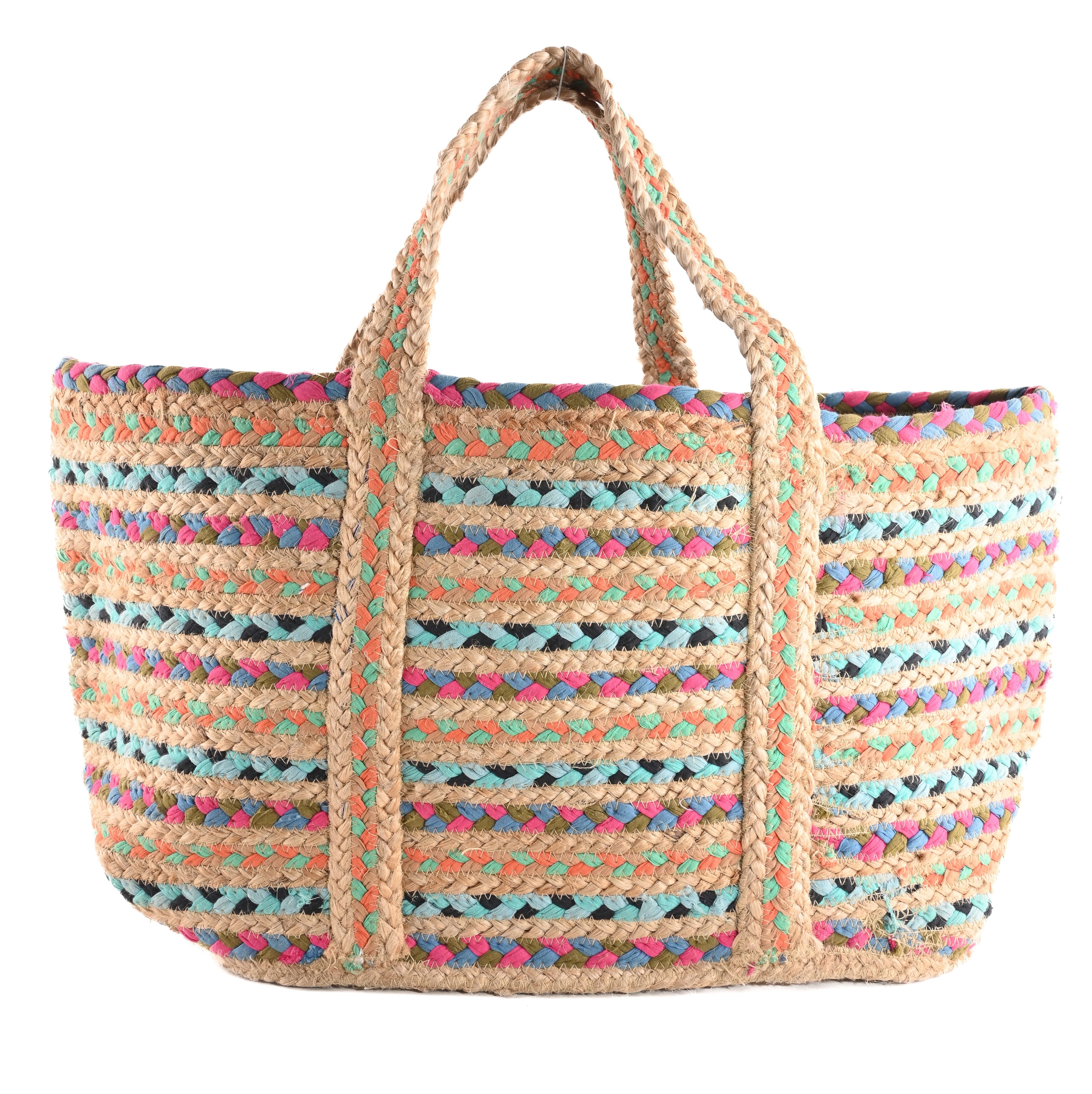 BLUE PINK MULTI COTTON AND JUTE STRIPE BRAIDED TOTE BAG