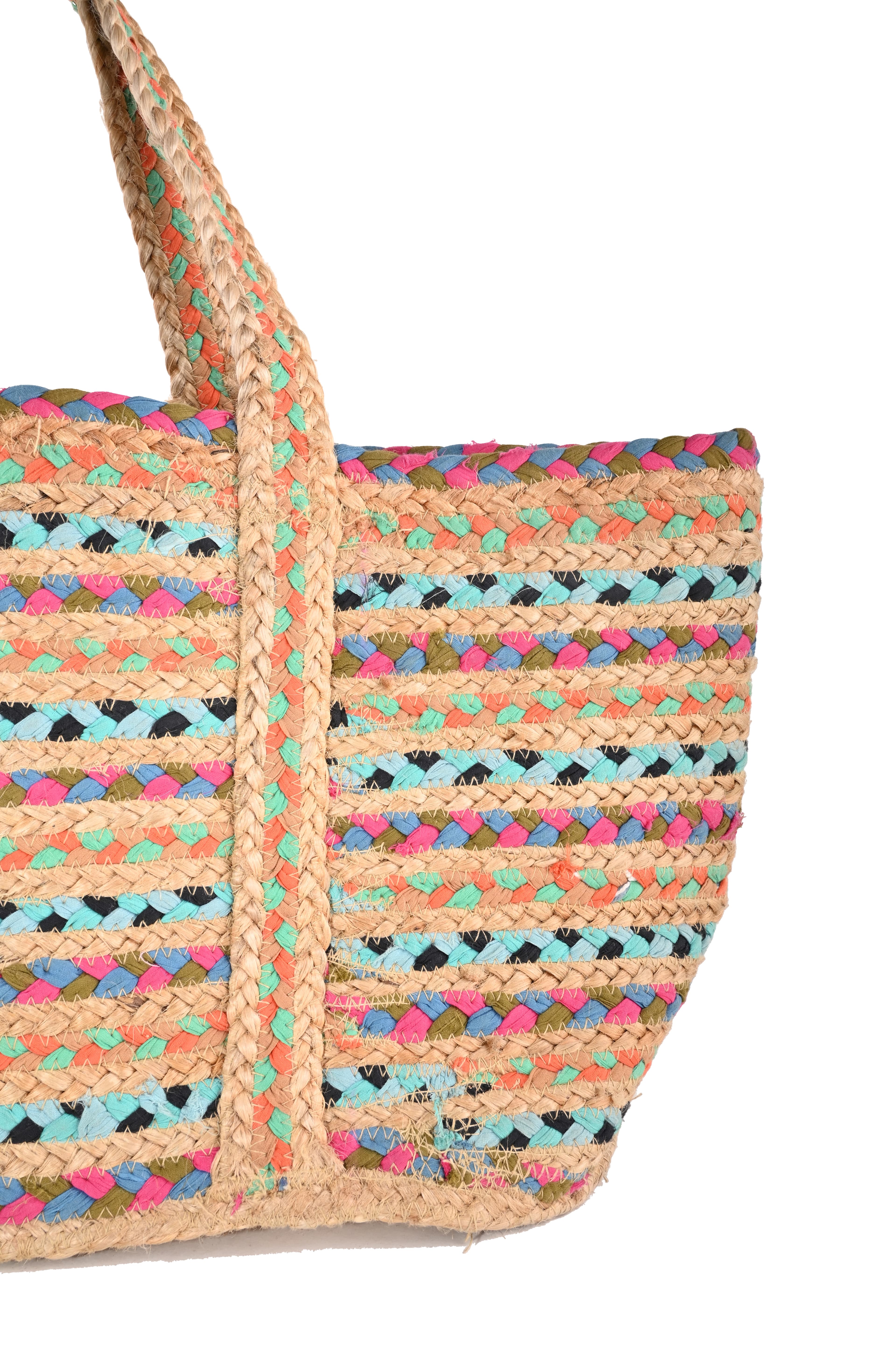 BLUE PINK MULTI COTTON AND JUTE STRIPE BRAIDED TOTE BAG
