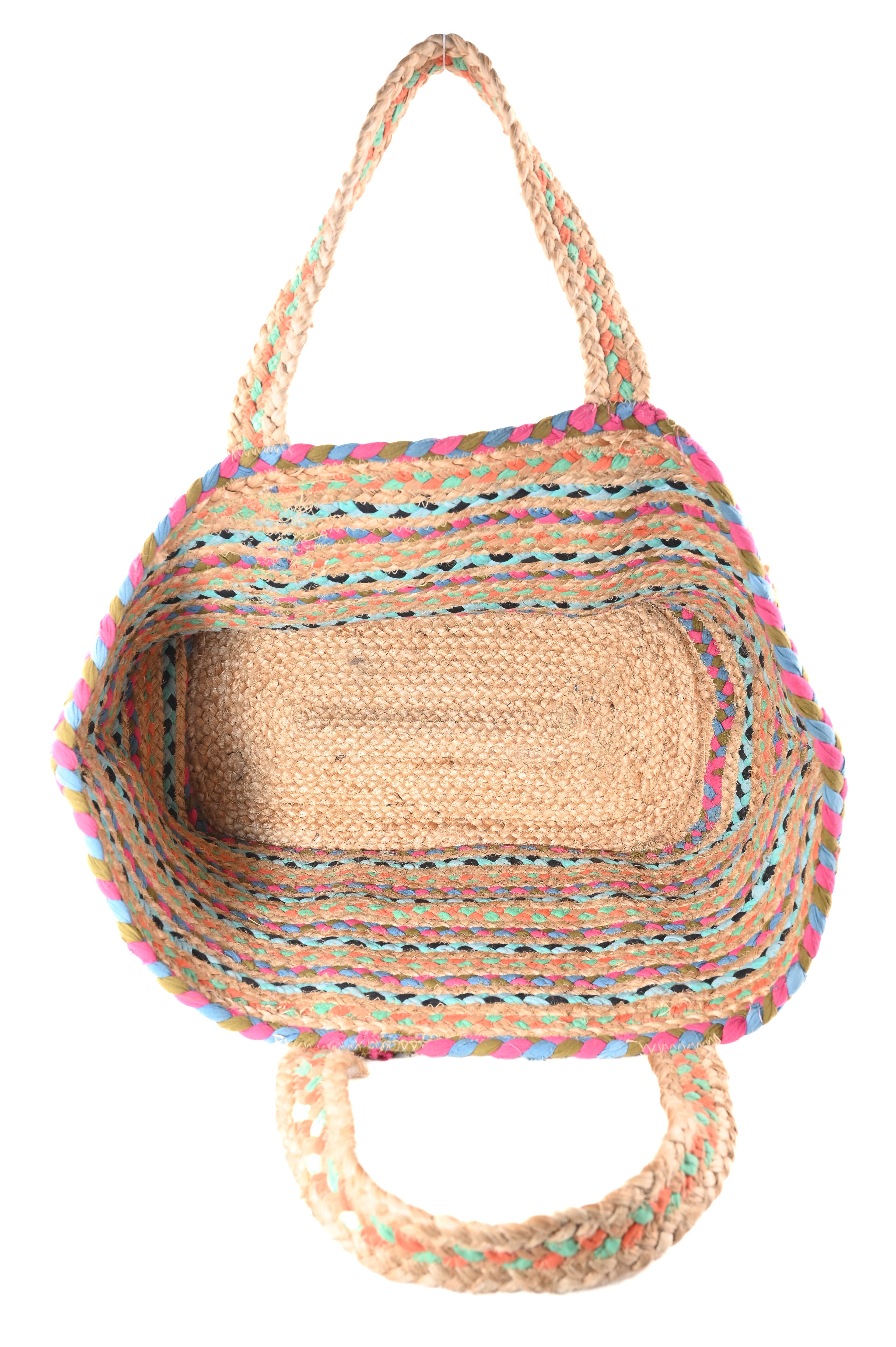 BLUE PINK MULTI COTTON AND JUTE STRIPE BRAIDED TOTE BAG