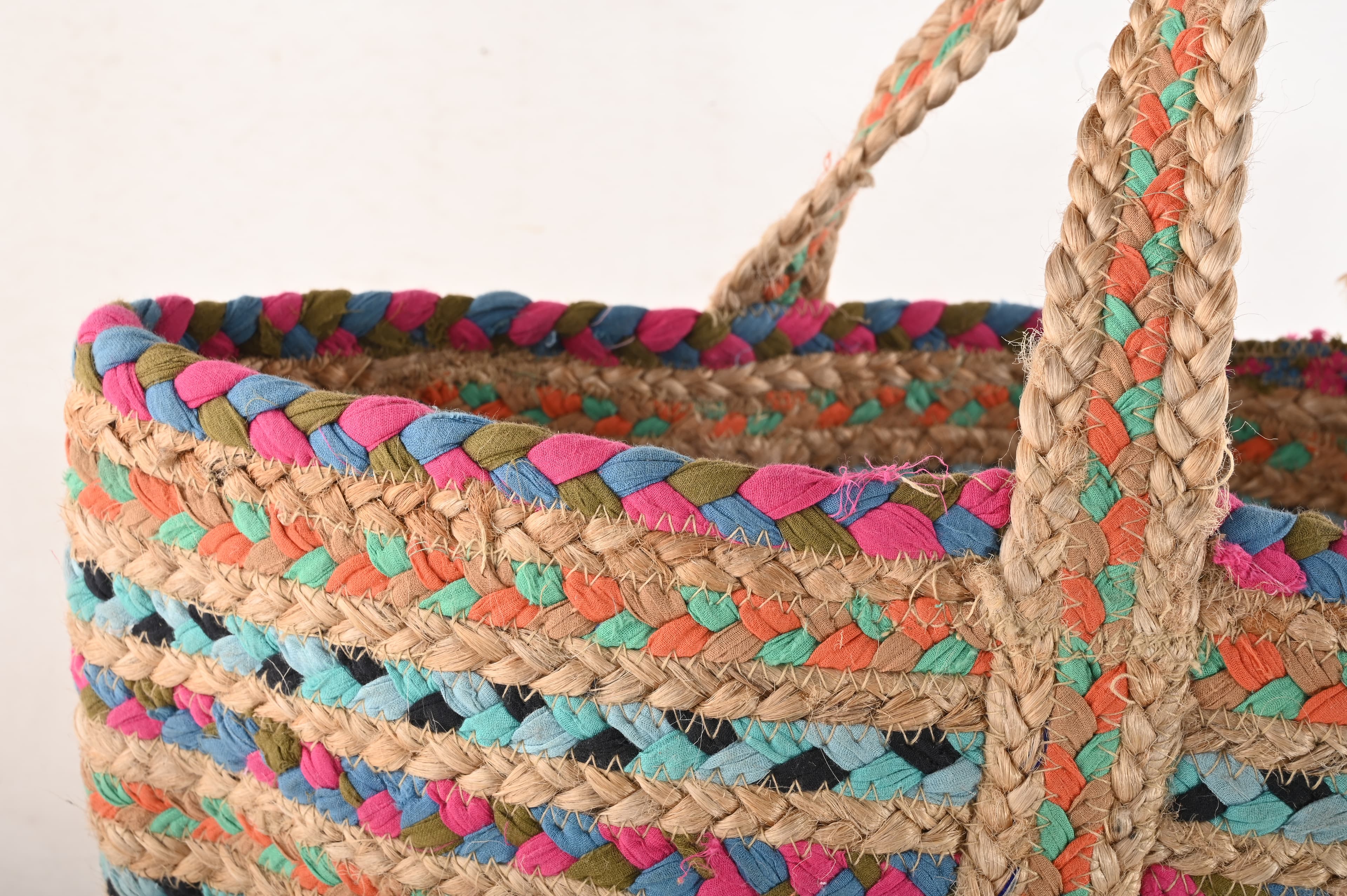 BLUE PINK MULTI COTTON AND JUTE STRIPE BRAIDED TOTE BAG