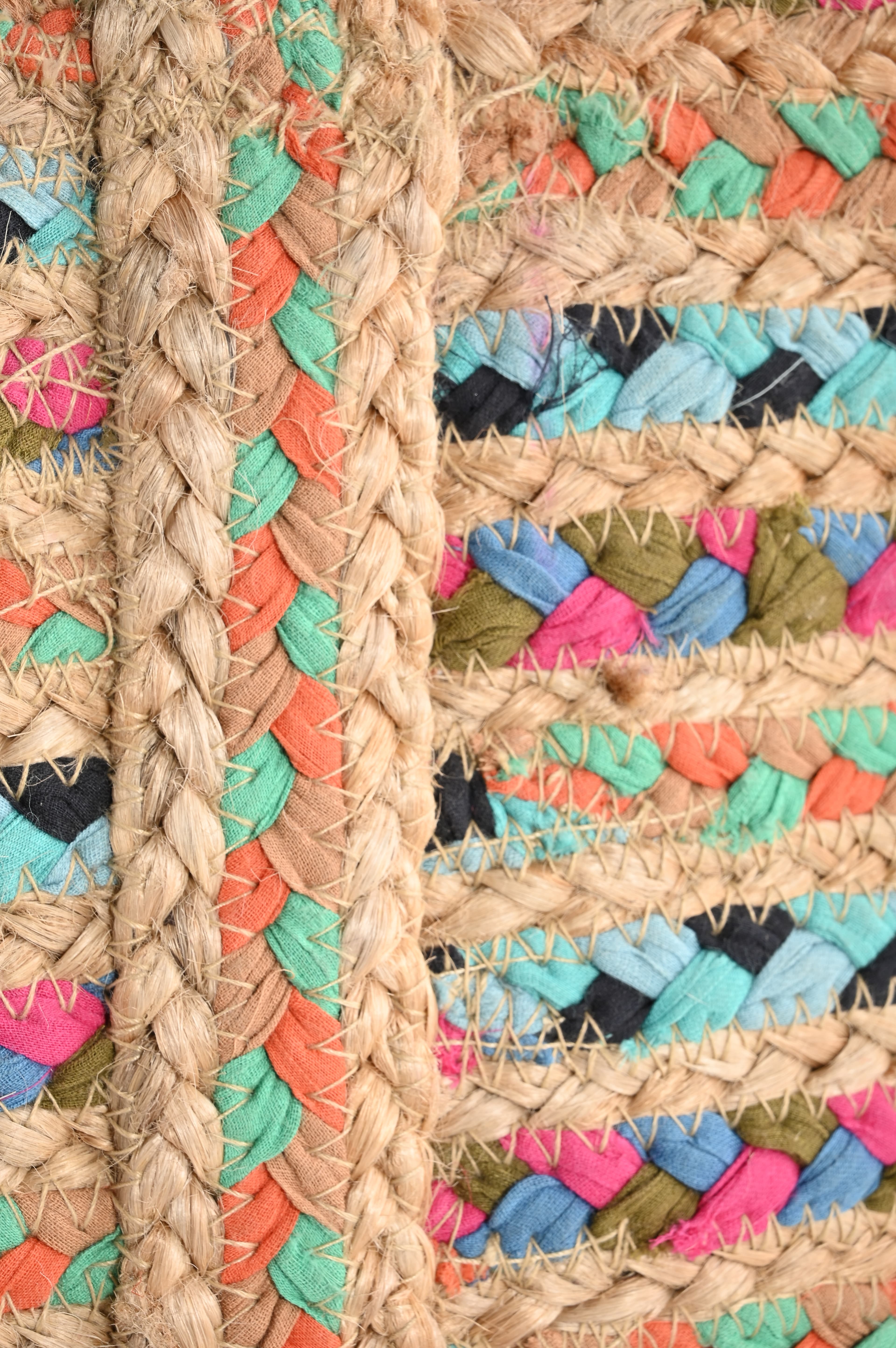 BLUE PINK MULTI COTTON AND JUTE STRIPE BRAIDED TOTE BAG
