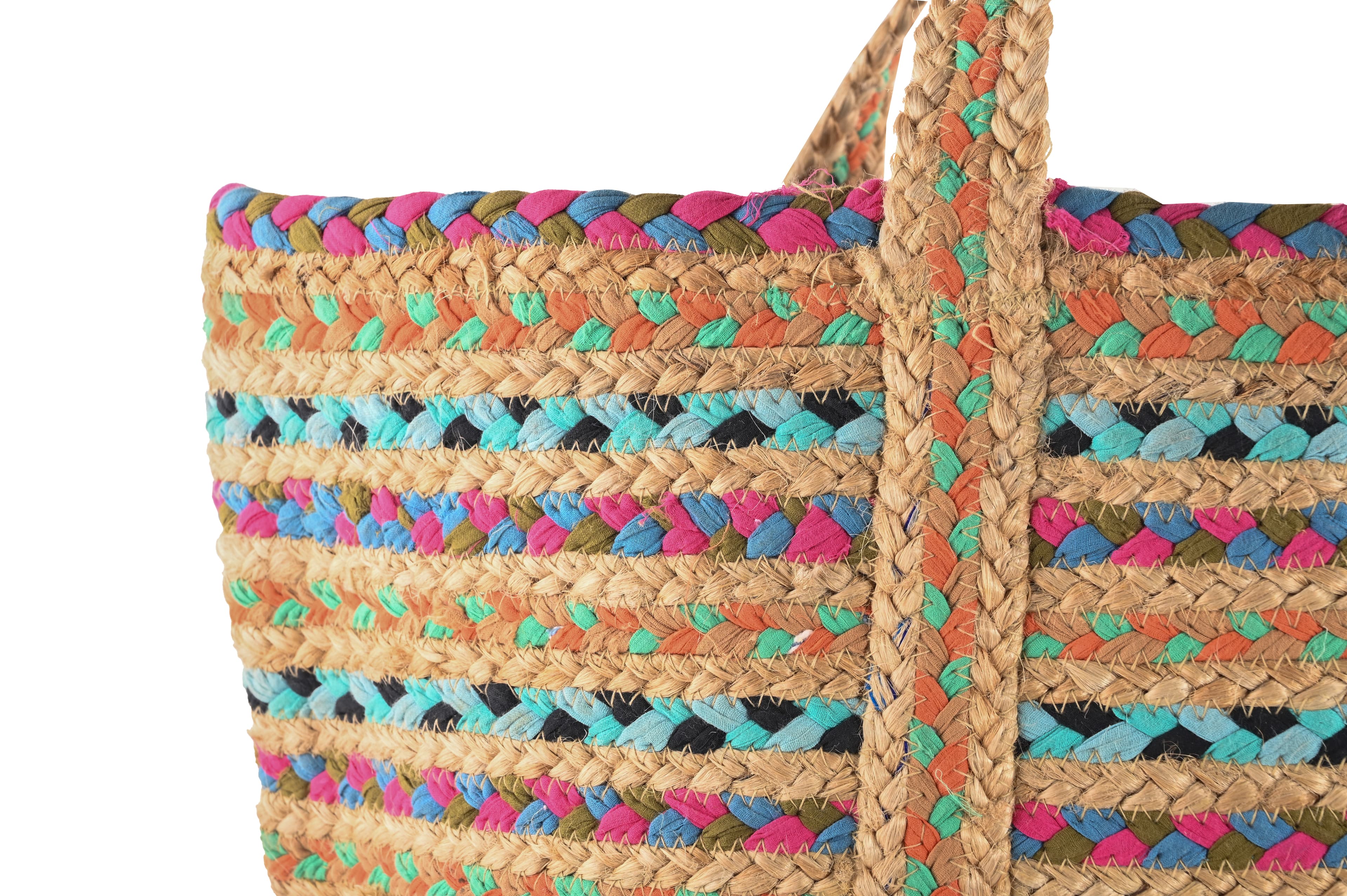 BLUE PINK MULTI COTTON AND JUTE STRIPE BRAIDED TOTE BAG