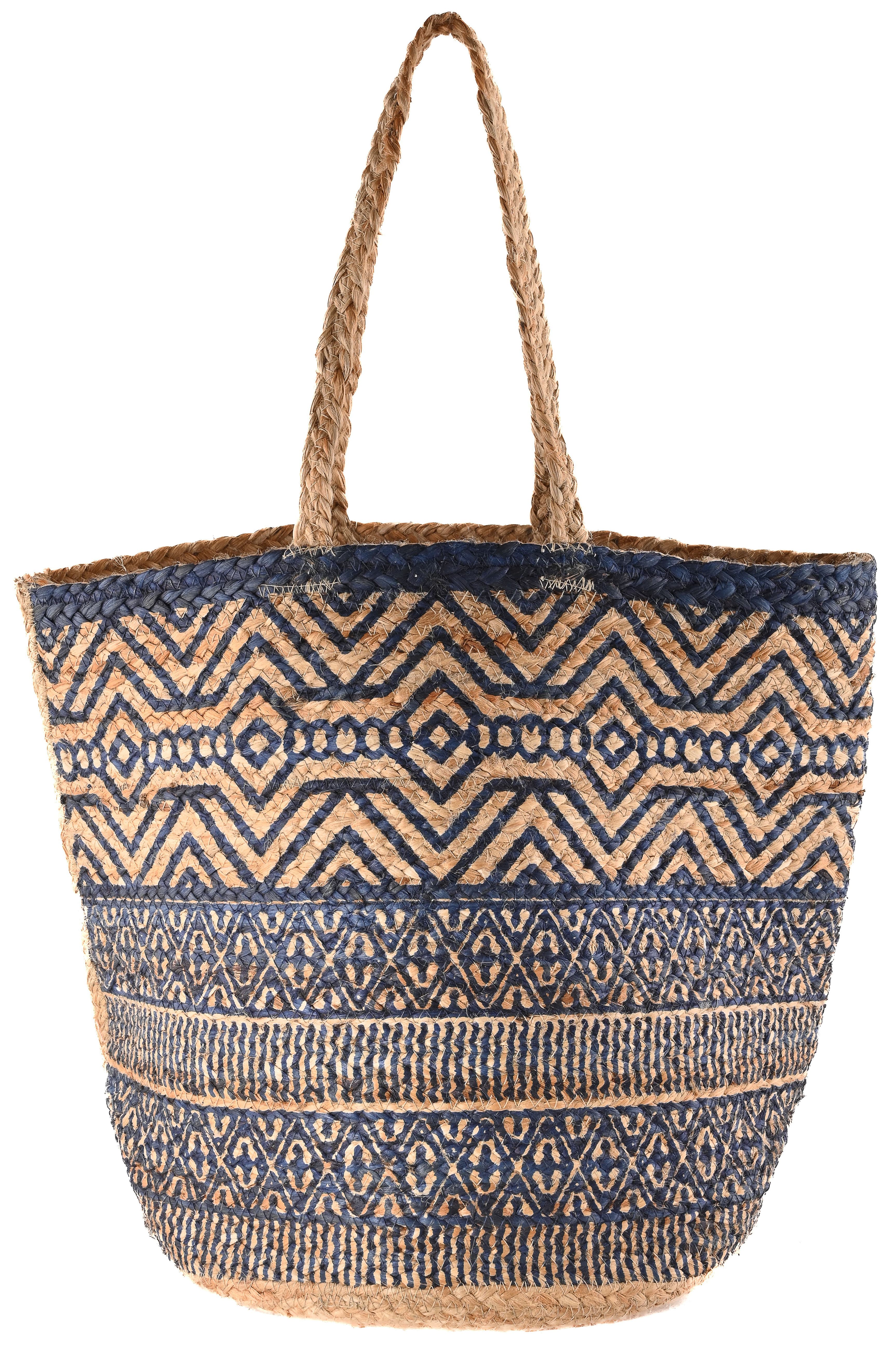 BLUE BLOCK PRINT JUTE TOTE BAG