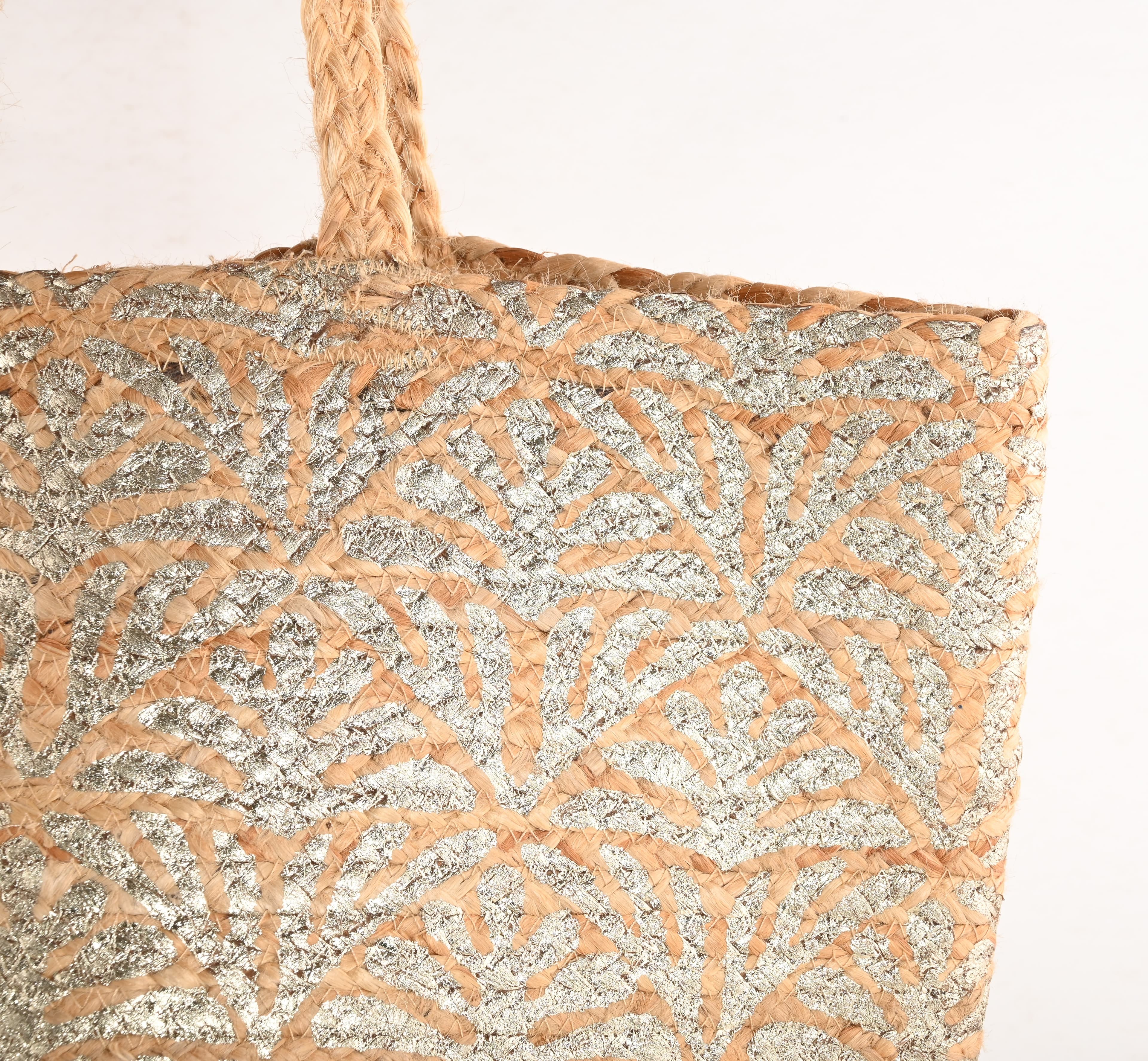 LEAF FOIL PRINT JUTE TOTE BAG