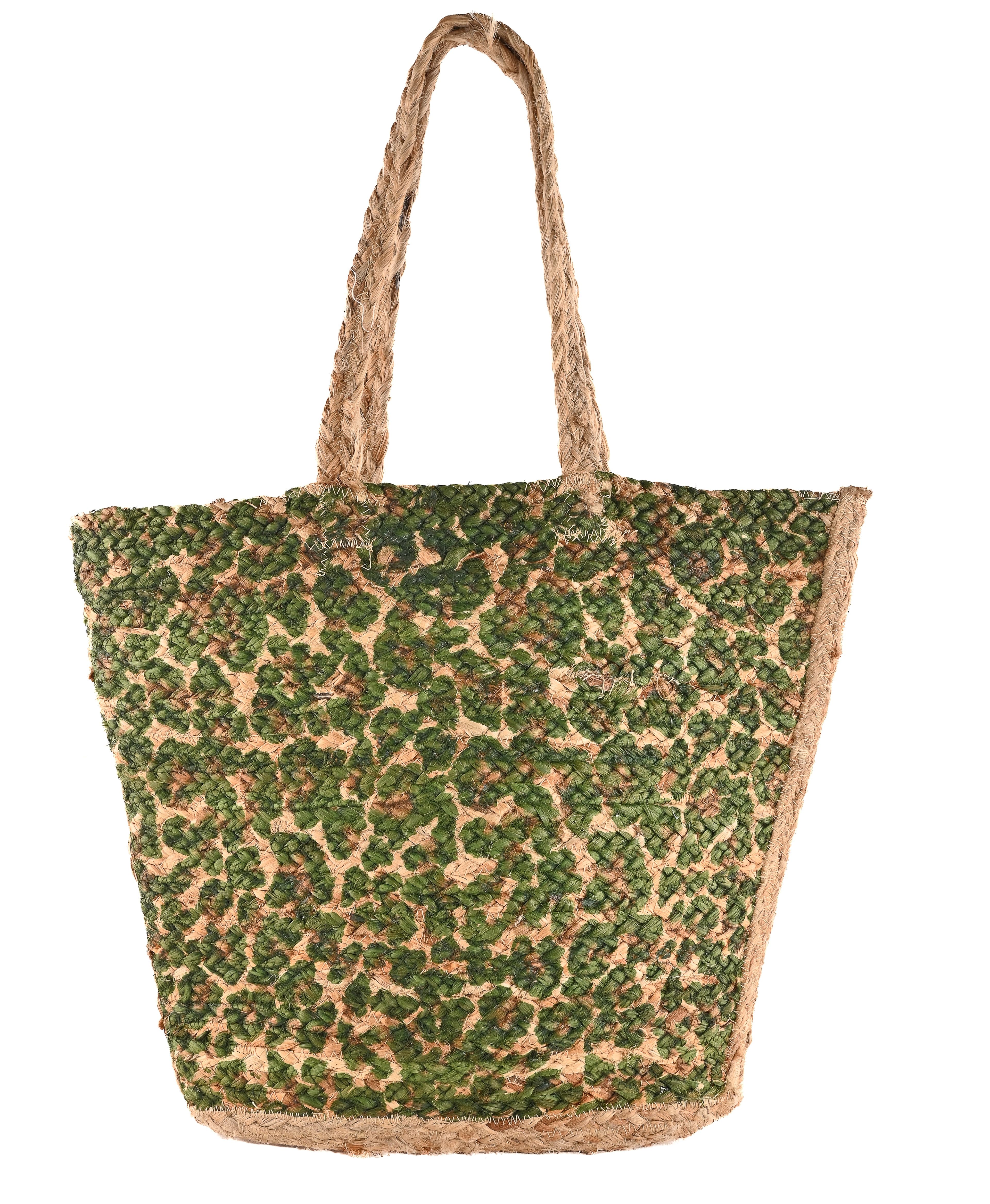 GREEN LEOPARD PRINT  BEACH JUTE TOTE BAG